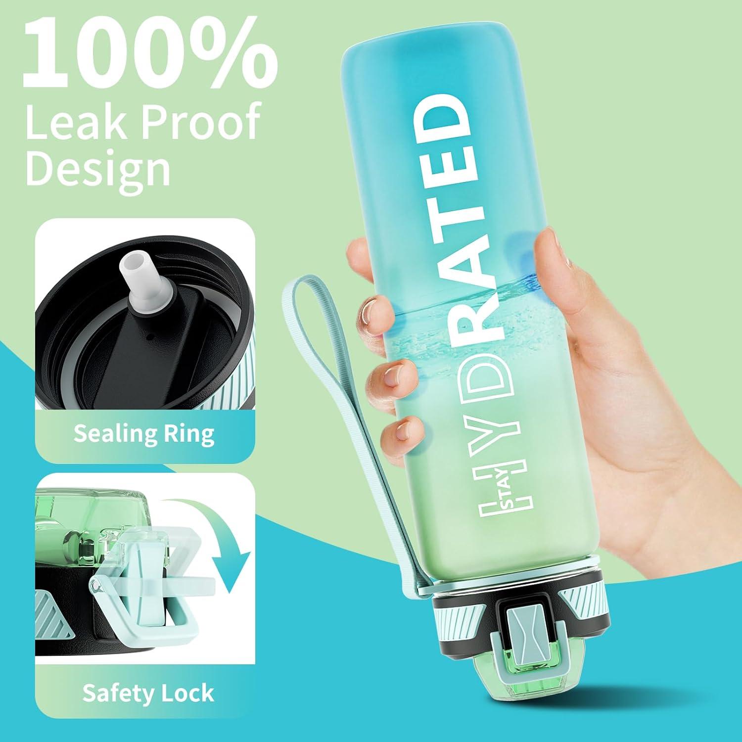 image:imageGourde 1L Gourde Sport avec Paille et Gradue 1 Litre tanche Bouteille dEau avec Brosse Gourdes Motivation sans BPA pour Fitness Bureau lcole YogaVert Menthe
