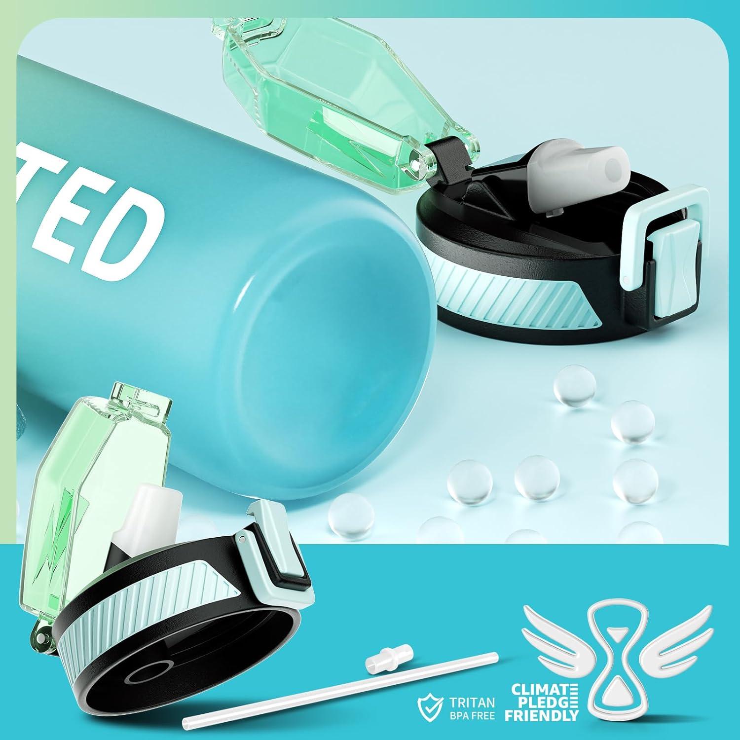 image:imageGourde 1L Gourde Sport avec Paille et Gradue 1 Litre tanche Bouteille dEau avec Brosse Gourdes Motivation sans BPA pour Fitness Bureau lcole YogaVert Menthe