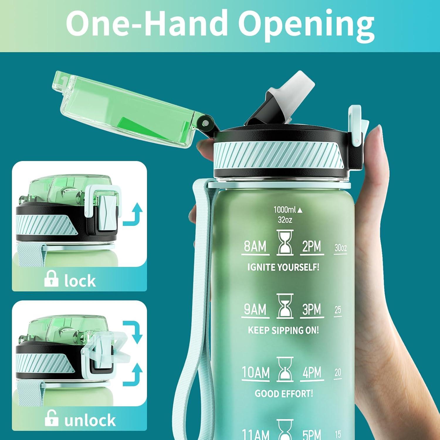 image:imageGourde 1L Gourde Sport avec Paille et Gradue 1 Litre tanche Bouteille dEau avec Brosse Gourdes Motivation sans BPA pour Fitness Bureau lcole YogaVert Menthe