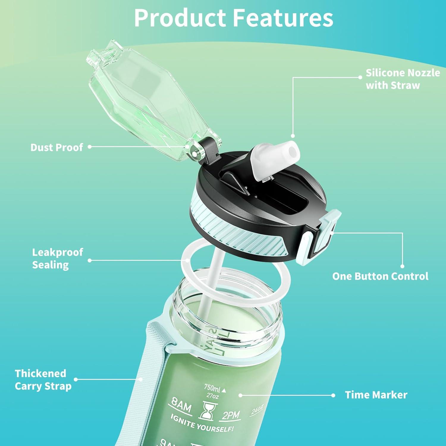 image:imageGourde 1L Gourde Sport avec Paille et Gradue 1 Litre tanche Bouteille dEau avec Brosse Gourdes Motivation sans BPA pour Fitness Bureau lcole YogaVert Menthe