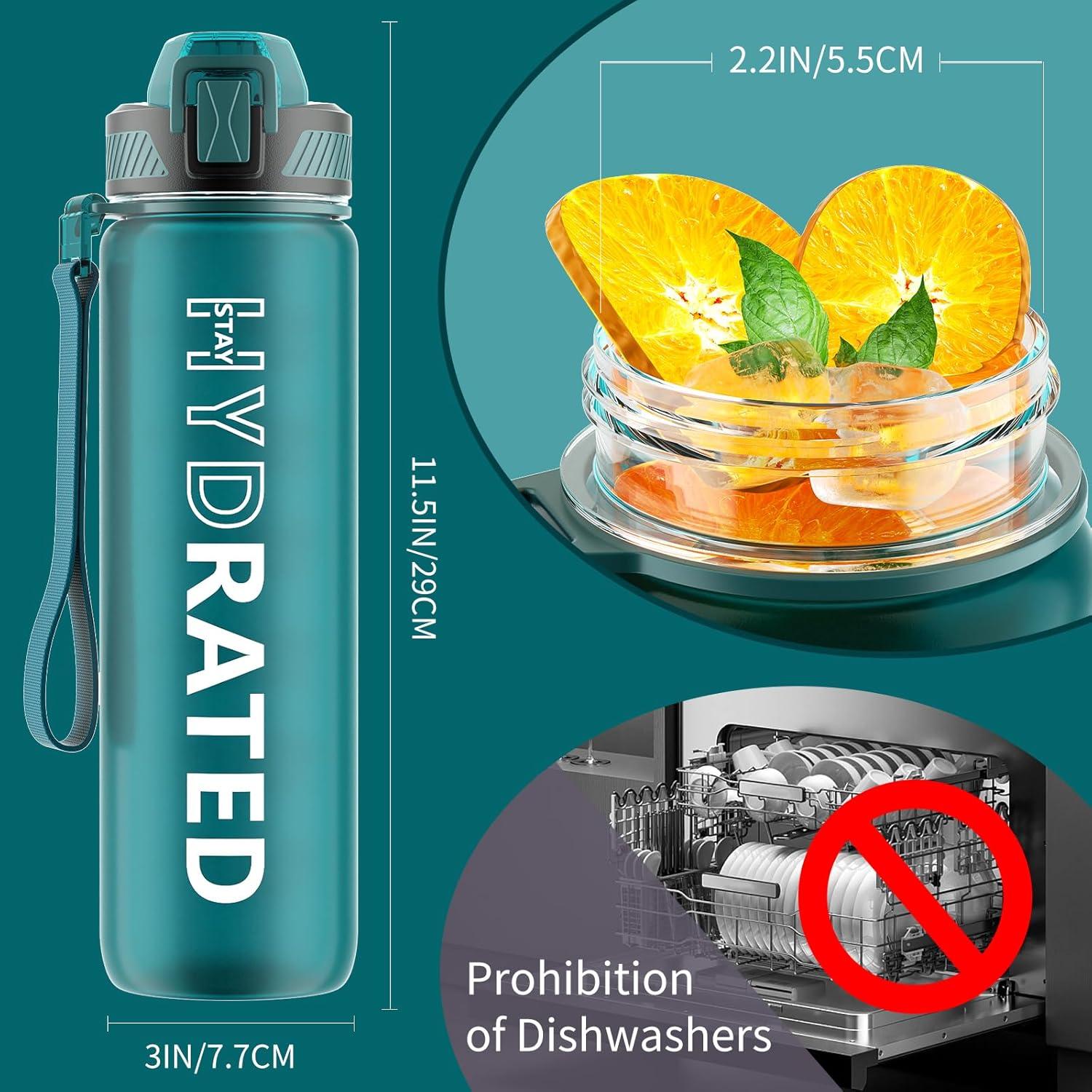 image:imageGourde 1L Gourde Sport avec Paille et Gradue 1 Litre tanche Bouteille dEau avec Brosse Gourdes Motivation sans BPA pour Fitness Bureau lcole YogaVert Lacustre