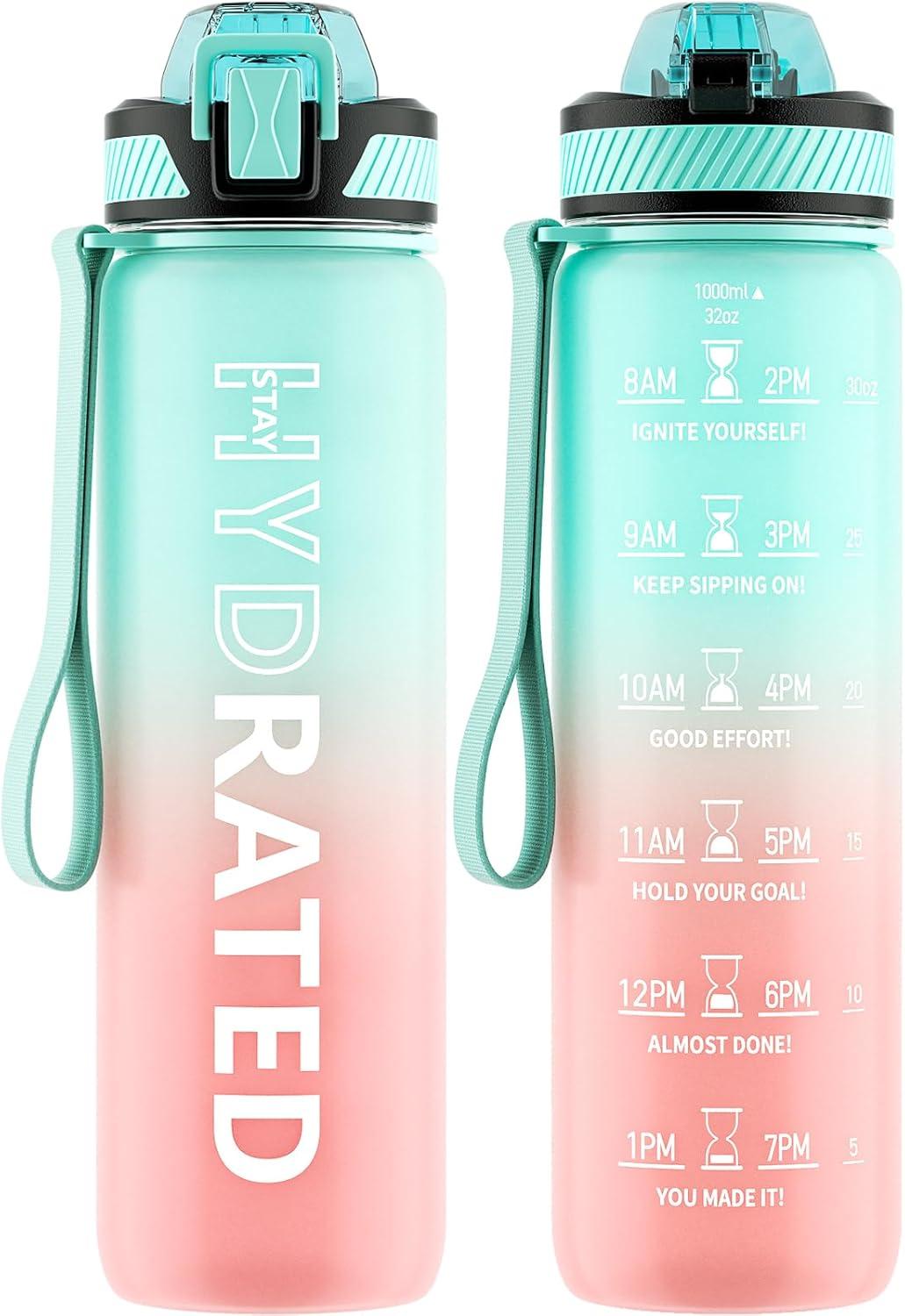 image:imageGourde 1L Gourde Sport avec Paille et Gradue 1 Litre tanche Bouteille dEau avec Brosse Gourdes Motivation sans BPA pour Fitness Bureau lcole YogaVert Rose