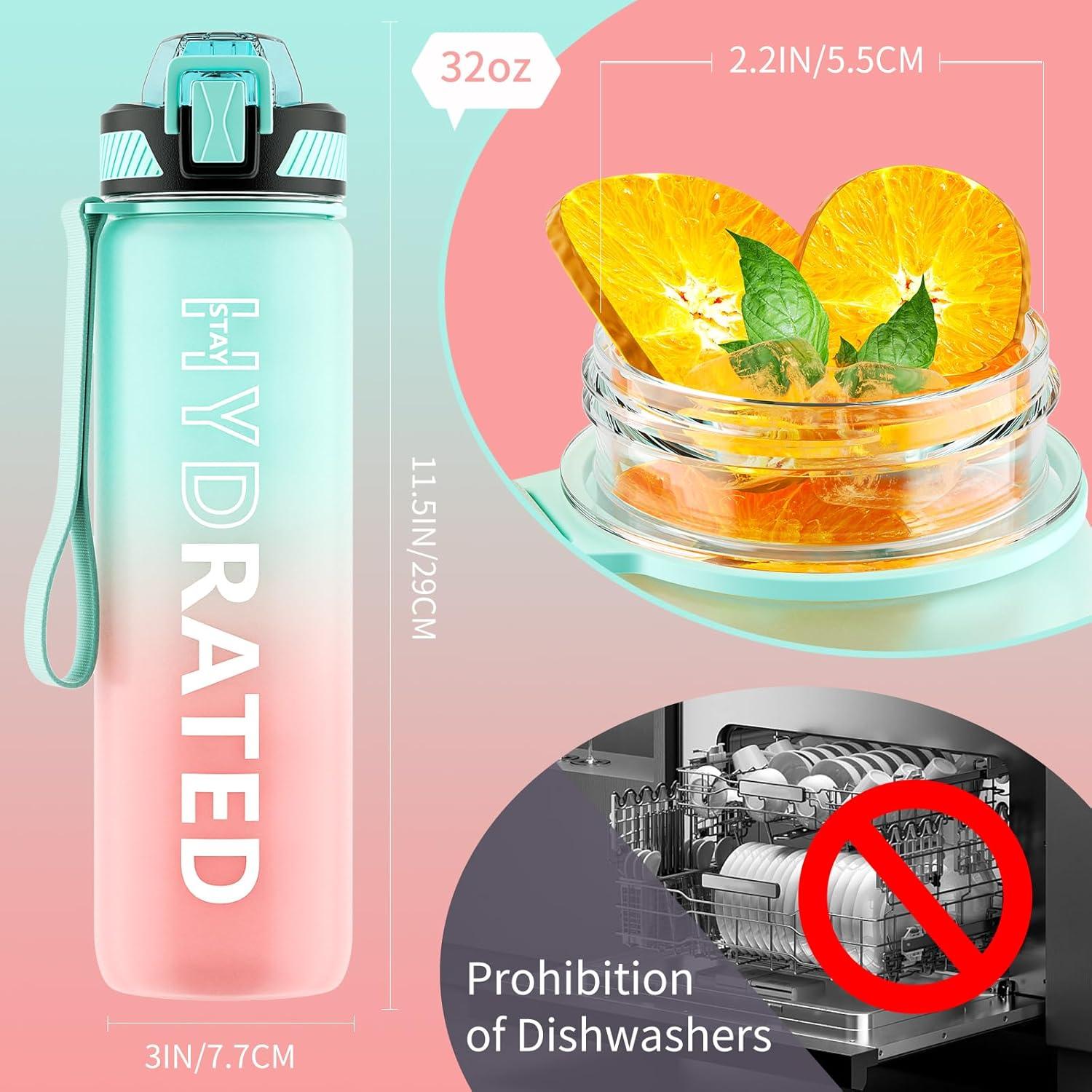 image:imageGourde 1L Gourde Sport avec Paille et Gradue 1 Litre tanche Bouteille dEau avec Brosse Gourdes Motivation sans BPA pour Fitness Bureau lcole YogaVert Rose