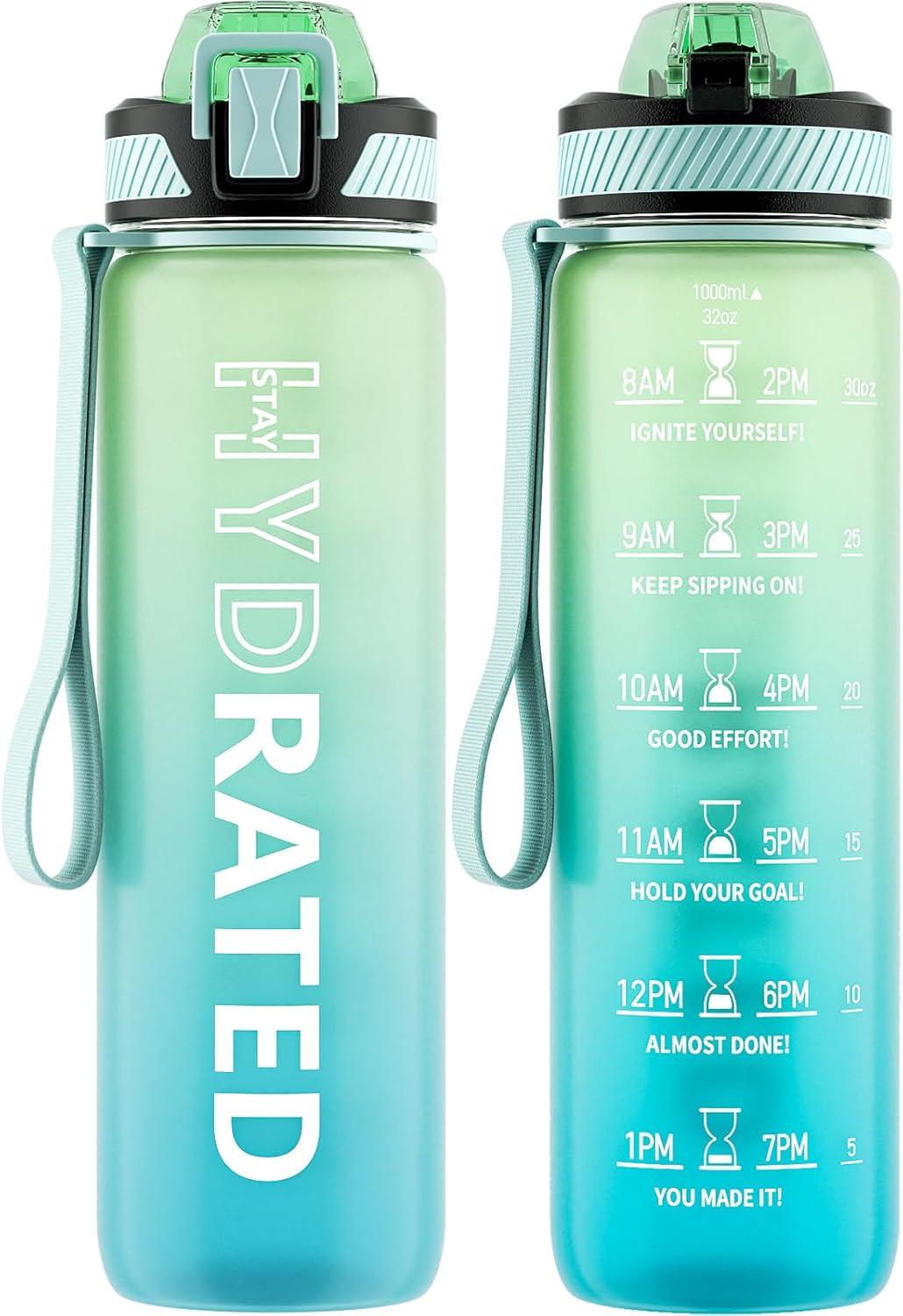 image:imageGourde 1L Gourde Sport avec Paille et Gradue 1 Litre tanche Bouteille dEau avec Brosse Gourdes Motivation sans BPA pour Fitness Bureau lcole YogaVert Menthe