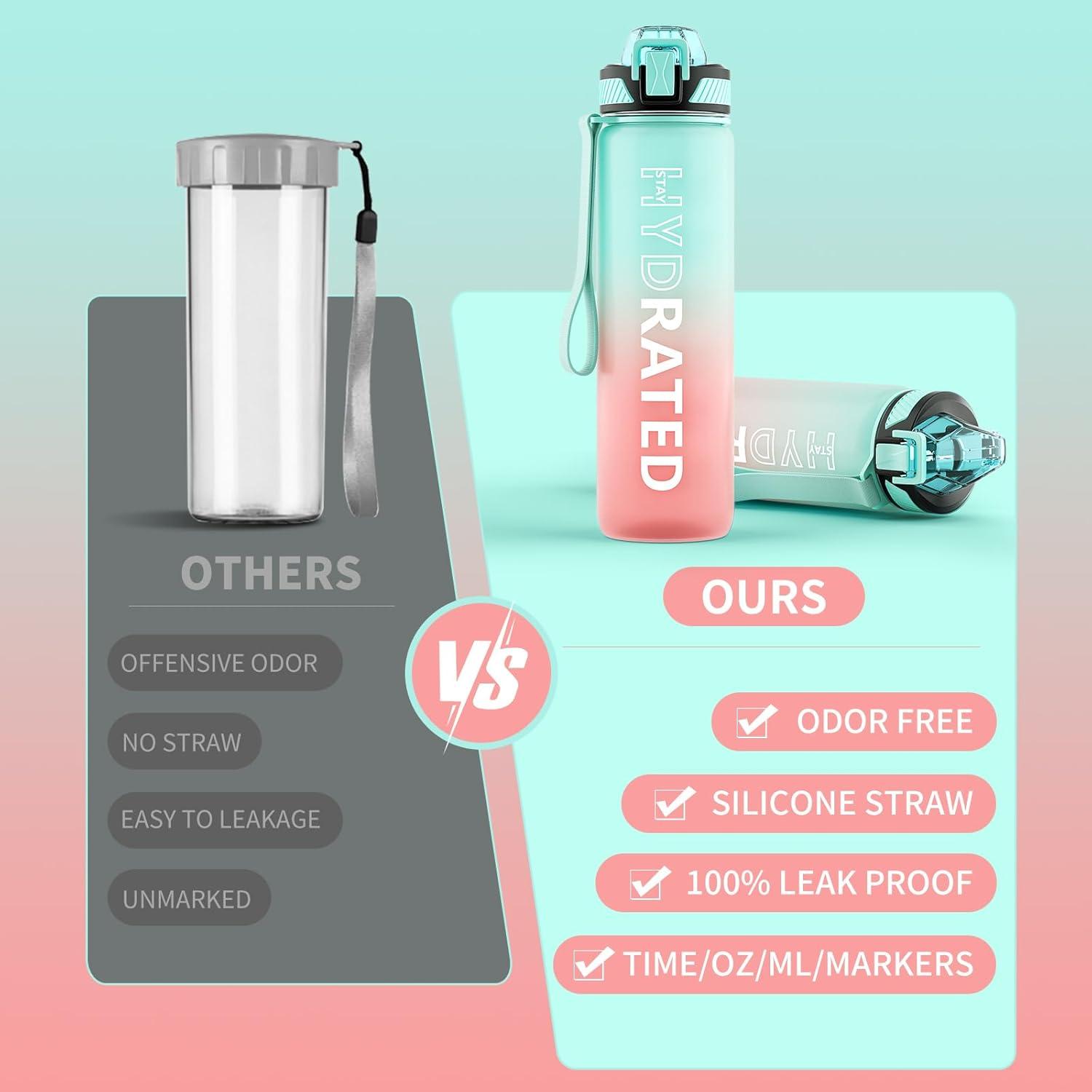 image:imageGourde 1L Gourde Sport avec Paille et Gradue 1 Litre tanche Bouteille dEau avec Brosse Gourdes Motivation sans BPA pour Fitness Bureau lcole YogaVert Rose