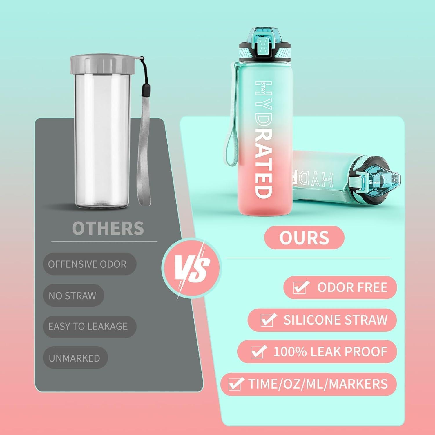 image:imageGourde 1L Gourde Sport avec Paille et Gradue 1 Litre tanche Bouteille dEau avec Brosse Gourdes Motivation sans BPA pour Fitness Bureau lcole YogaVert Rose