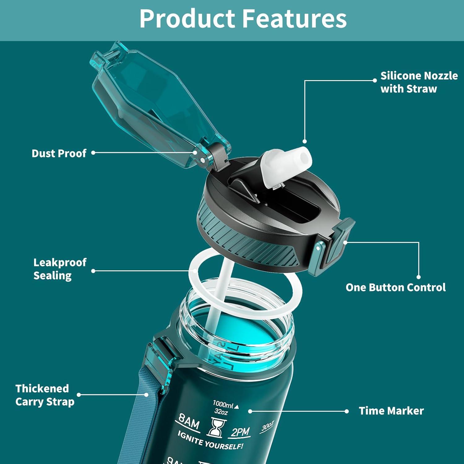 image:imageGourde 1L Gourde Sport avec Paille et Gradue 1 Litre tanche Bouteille dEau avec Brosse Gourdes Motivation sans BPA pour Fitness Bureau lcole YogaVert Lacustre