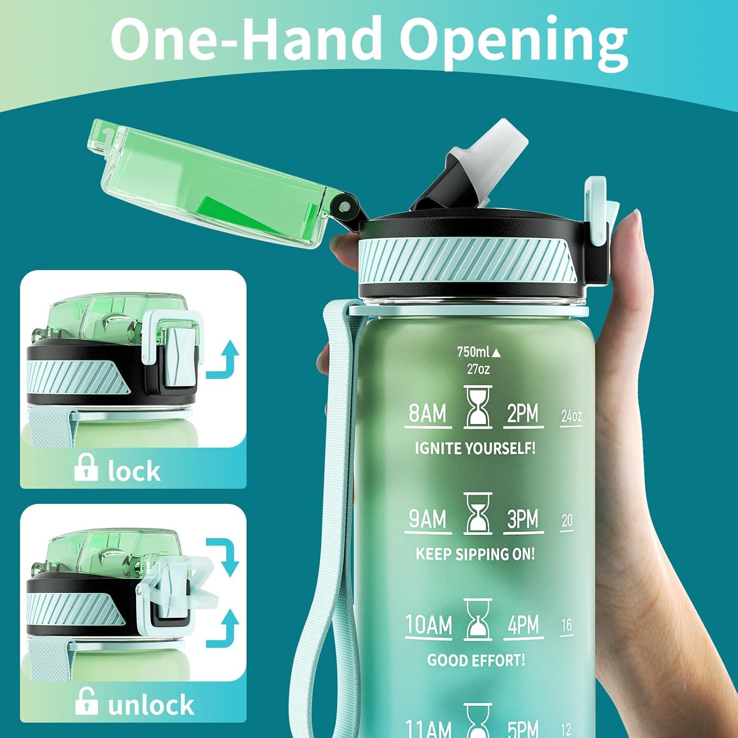 image:imageGourde 1L Gourde Sport avec Paille et Gradue 1 Litre tanche Bouteille dEau avec Brosse Gourdes Motivation sans BPA pour Fitness Bureau lcole YogaVert Menthe