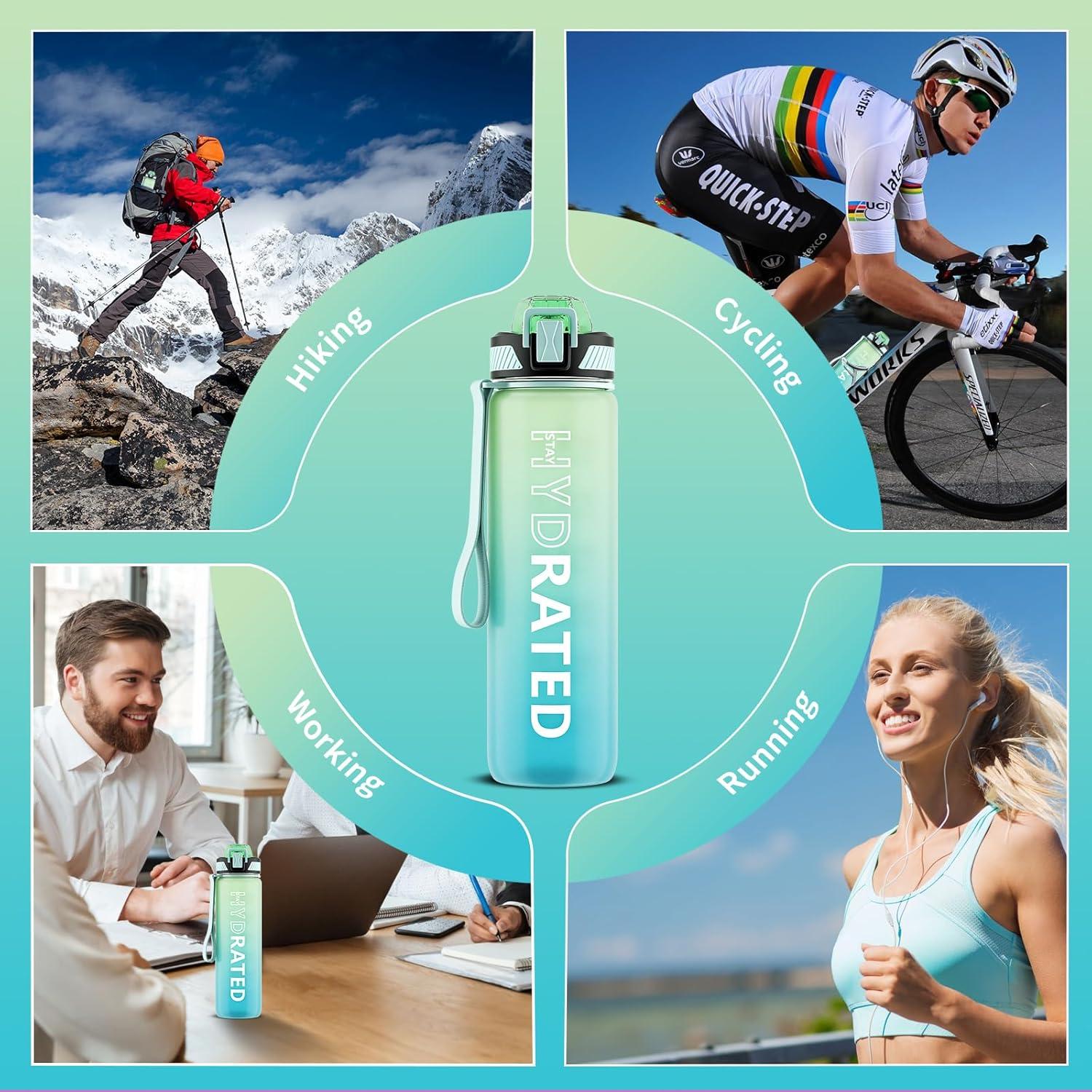 image:imageGourde 1L Gourde Sport avec Paille et Gradue 1 Litre tanche Bouteille dEau avec Brosse Gourdes Motivation sans BPA pour Fitness Bureau lcole YogaVert Menthe