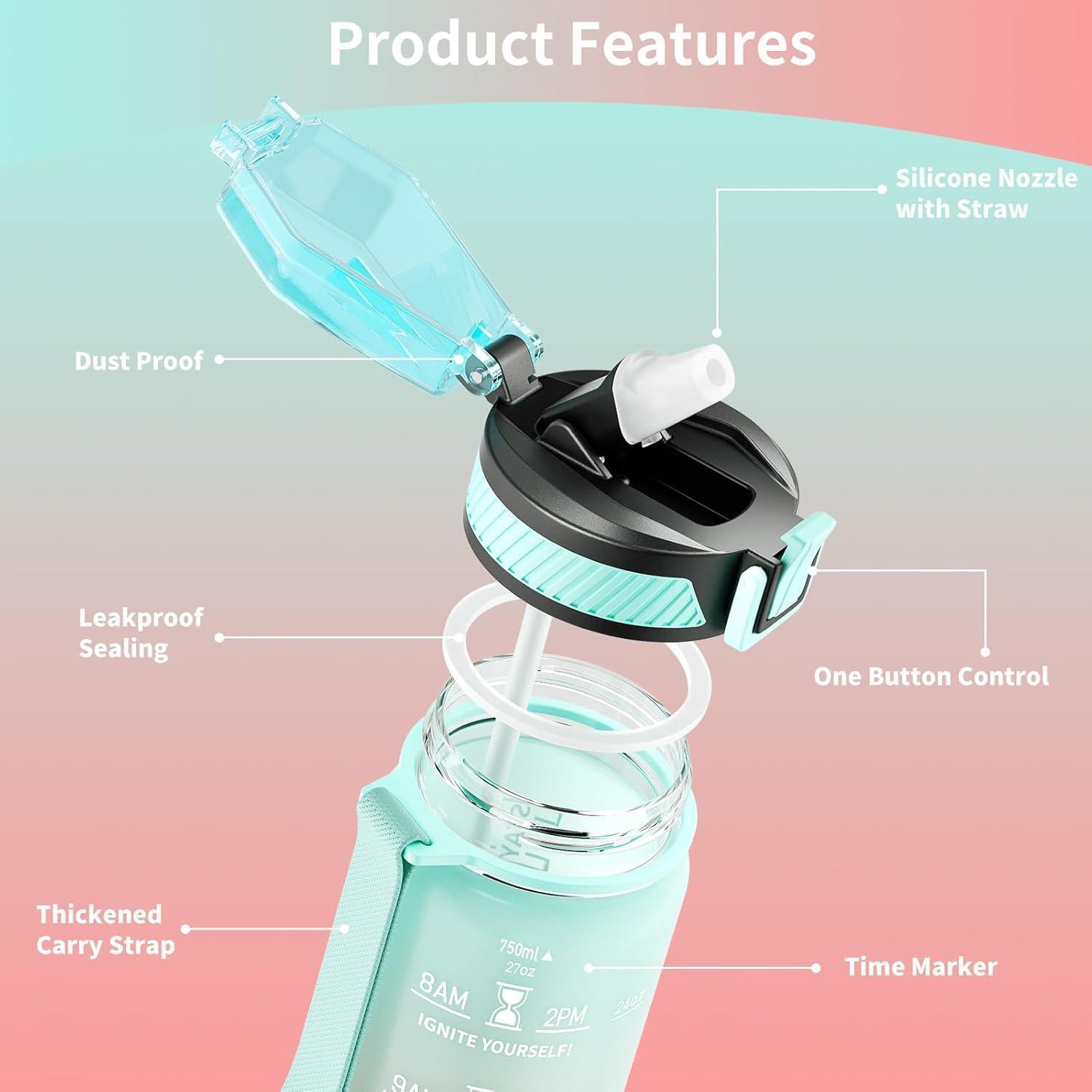 image:imageGourde 1L Gourde Sport avec Paille et Gradue 1 Litre tanche Bouteille dEau avec Brosse Gourdes Motivation sans BPA pour Fitness Bureau lcole YogaVert Rose