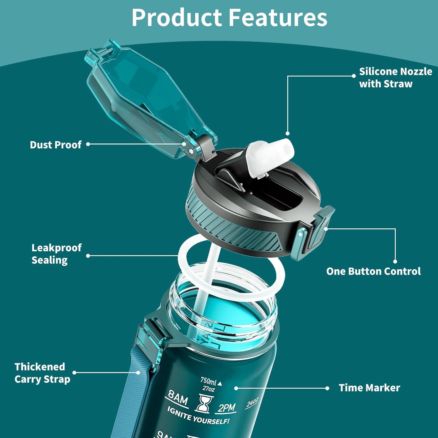 image:imageGourde 1L Gourde Sport avec Paille et Gradue 1 Litre tanche Bouteille dEau avec Brosse Gourdes Motivation sans BPA pour Fitness Bureau lcole YogaVert Lacustre