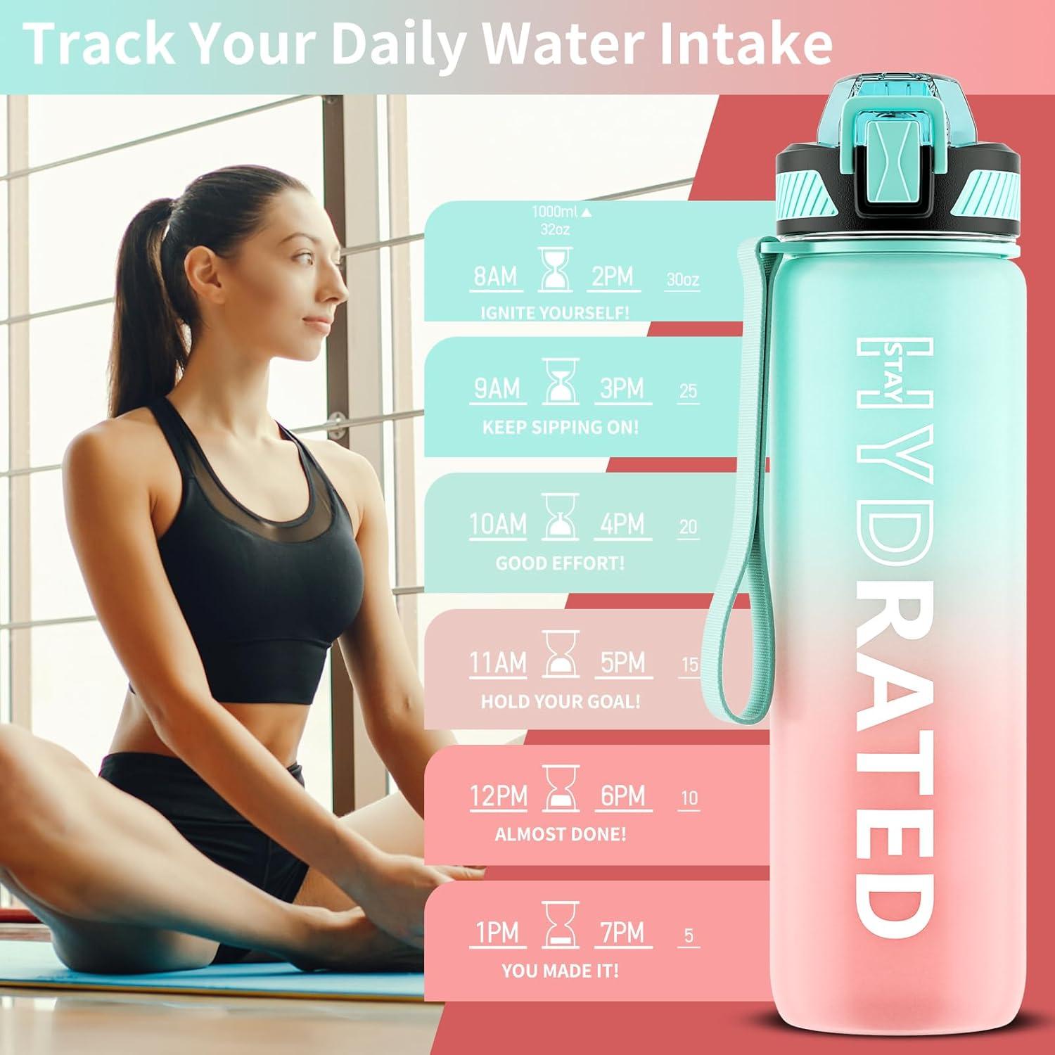 image:imageGourde 1L Gourde Sport avec Paille et Gradue 1 Litre tanche Bouteille dEau avec Brosse Gourdes Motivation sans BPA pour Fitness Bureau lcole YogaVert Rose