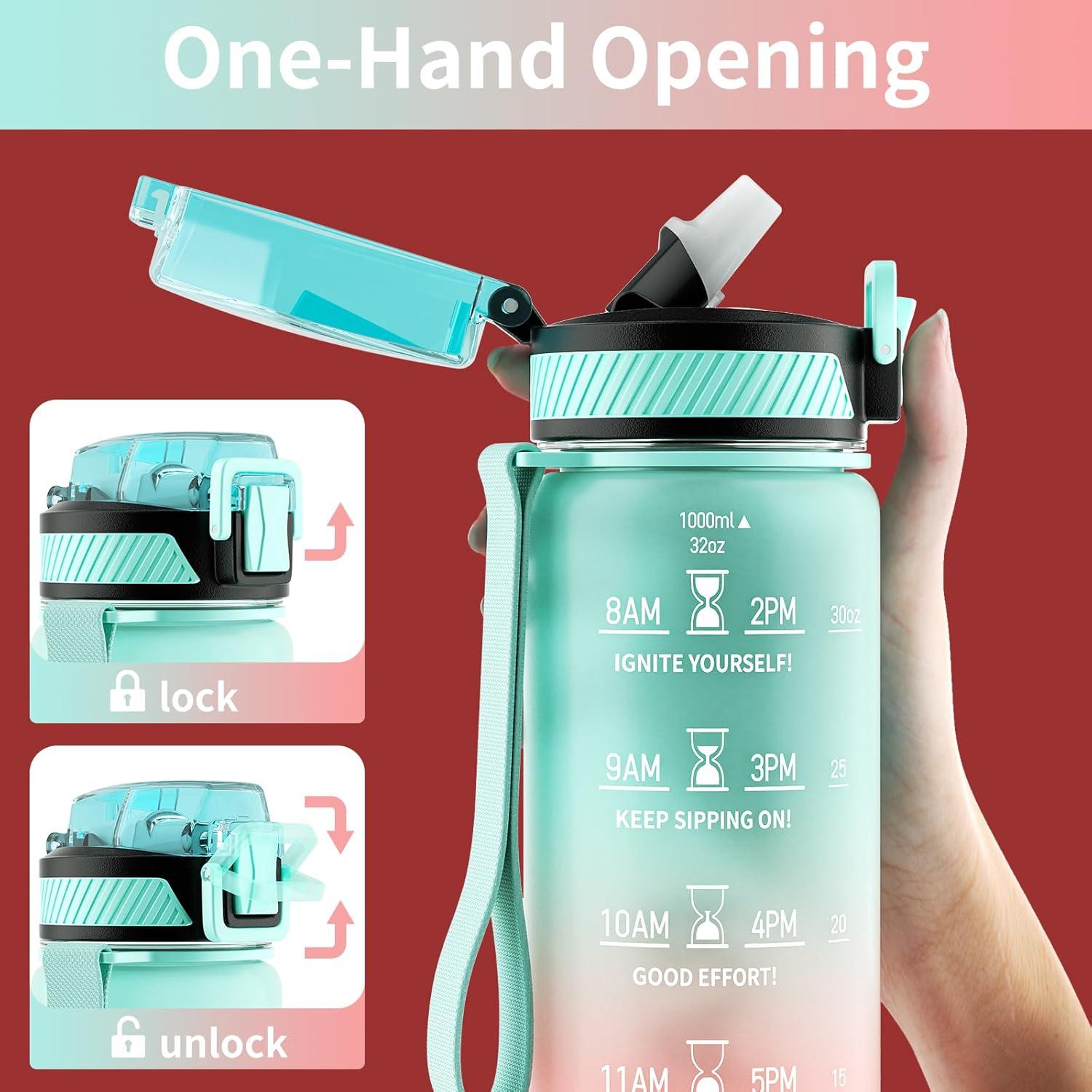 image:imageGourde 1L Gourde Sport avec Paille et Gradue 1 Litre tanche Bouteille dEau avec Brosse Gourdes Motivation sans BPA pour Fitness Bureau lcole YogaVert Rose