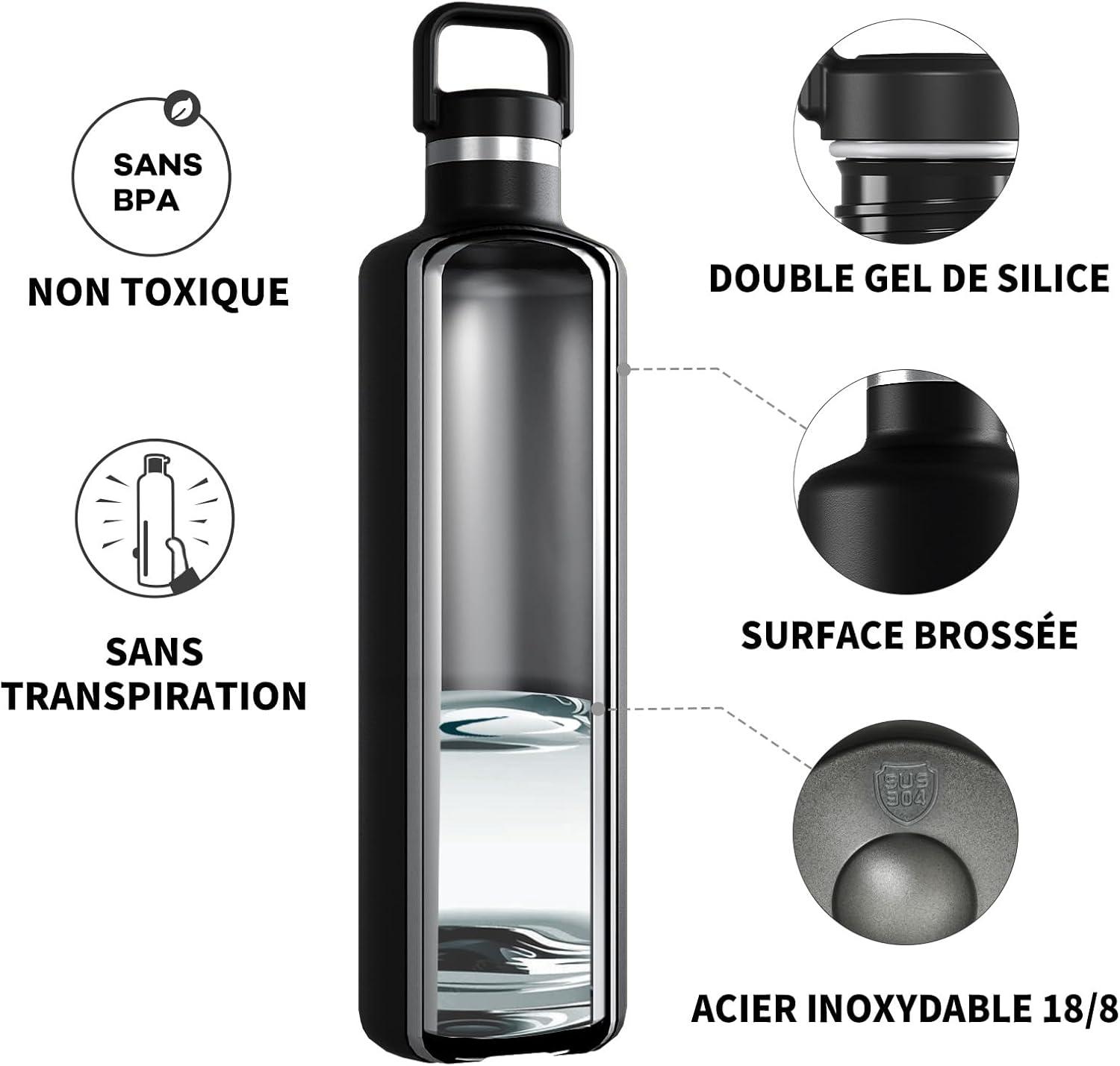 image:imageGourde 2l acier Inoxydable Bouteille deau Paroi Simple Non Isotherme Bouteille deau tanche Reutilisable Gourde Sport pour Fitness Bureau cole Activits de Plein AirVertNoir
