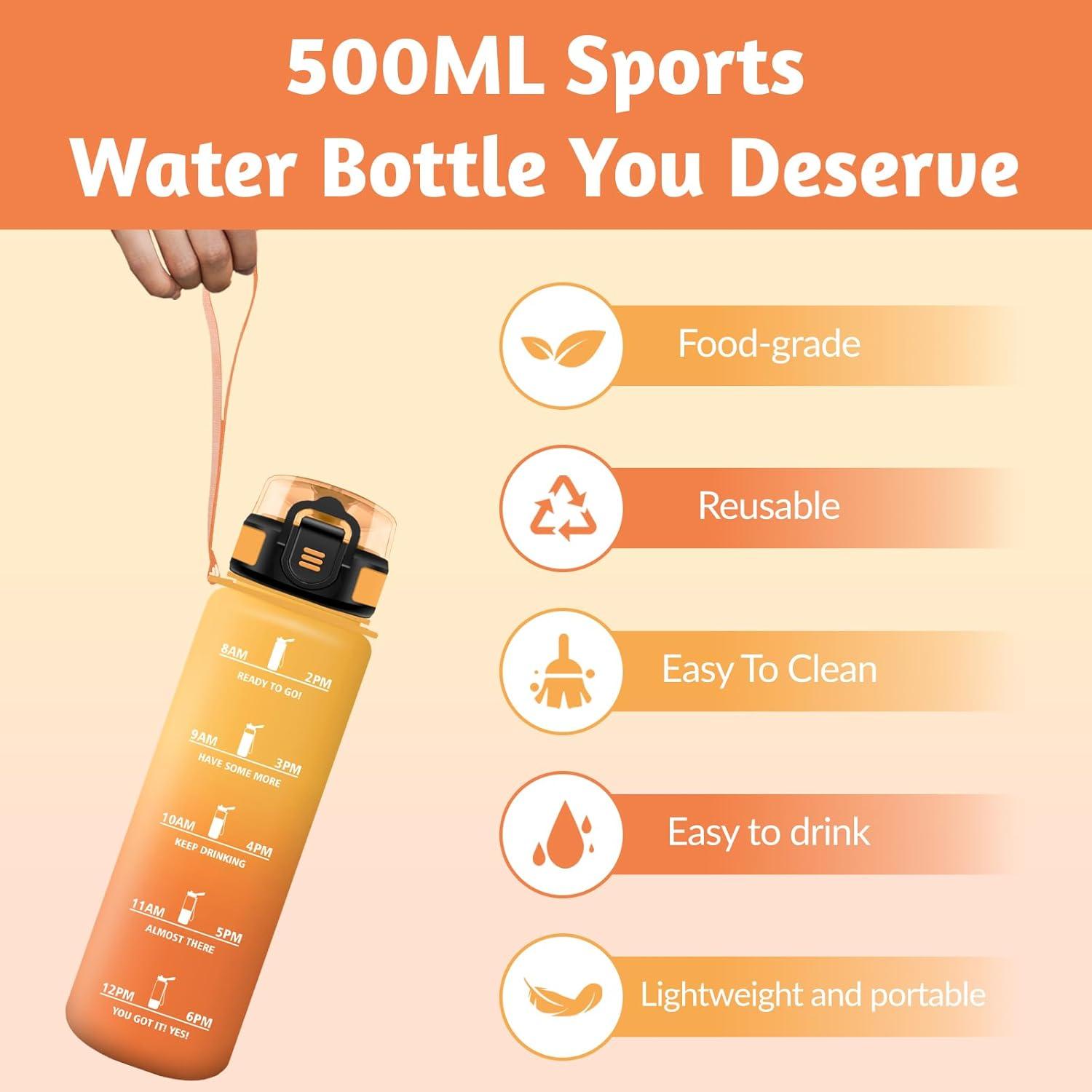 image:imageHoneyHolly Gourde 1L sans BPA Bouteille Sport Marqueur Horaire Bouteille tanche Portable Gourde Gradue pour Salle de Sport Vlo Bureau Extrieur cole Water BottleAmbre Orange 500ml