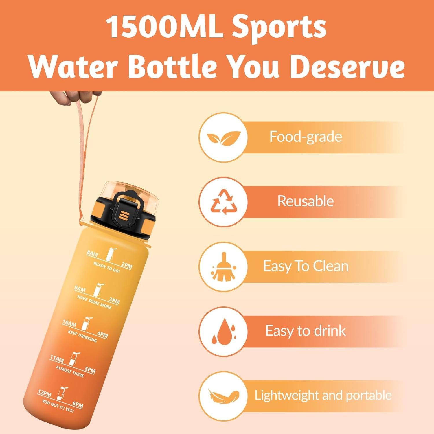 image:imageHoneyHolly Gourde 1L sans BPA Bouteille Sport Marqueur Horaire Bouteille tanche Portable Gourde Gradue pour Salle de Sport Vlo Bureau Extrieur cole Water BottleAmbre Orange 1500ml