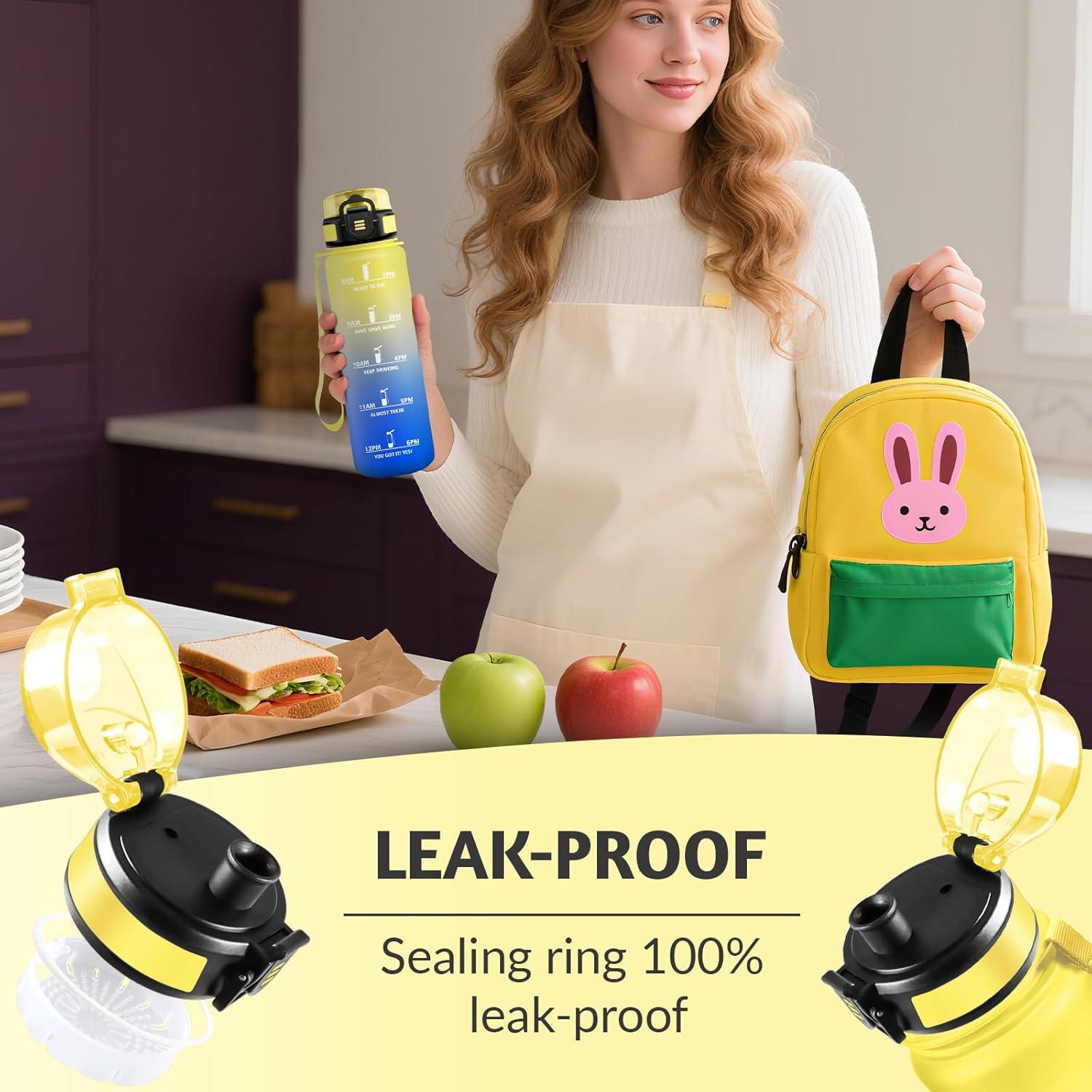 image:imageHoneyHolly Gourde 1L sans BPA Bouteille Sport Marqueur Horaire Bouteille tanche Portable Gourde Gradue pour Salle de Sport Vlo Bureau Extrieur cole Water BottleJaune Bleu 1000ml