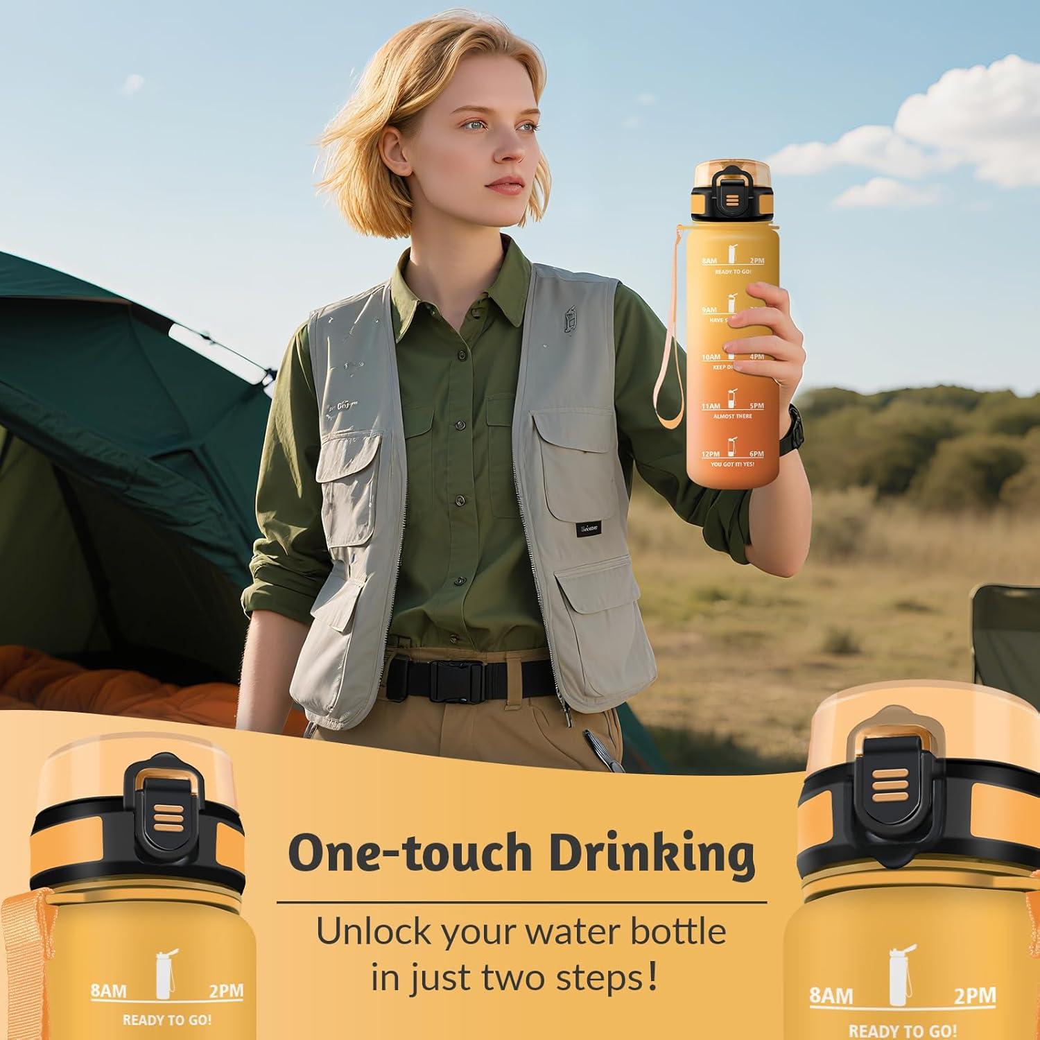 image:imageHoneyHolly Gourde 1L sans BPA Bouteille Sport Marqueur Horaire Bouteille tanche Portable Gourde Gradue pour Salle de Sport Vlo Bureau Extrieur cole Water BottleAmbre Orange 1000ml