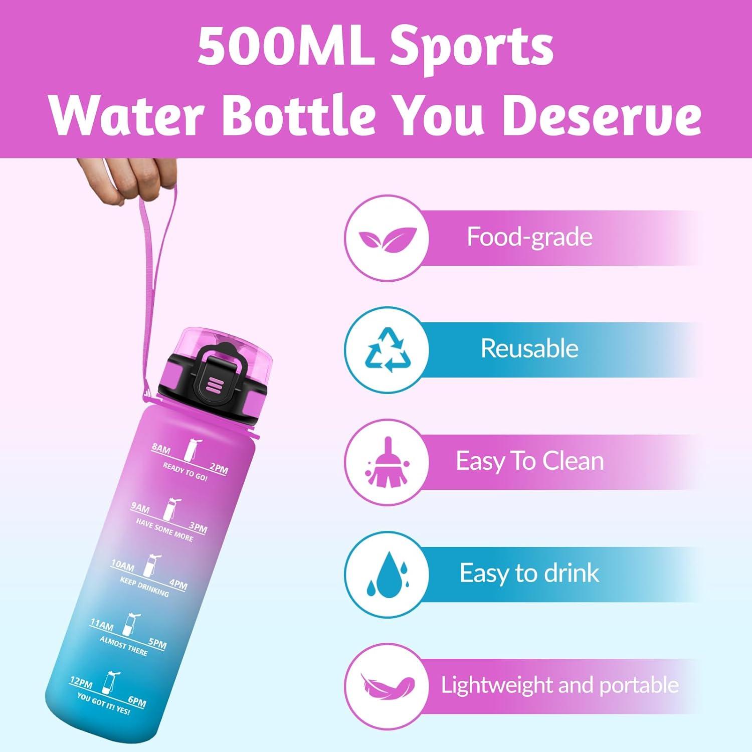 image:imageHoneyHolly Gourde 1L sans BPA Bouteille Sport Marqueur Horaire Bouteille tanche Portable Gourde Gradue pour Salle de Sport Vlo Bureau Extrieur cole Water BottleRose Cyan 500ml