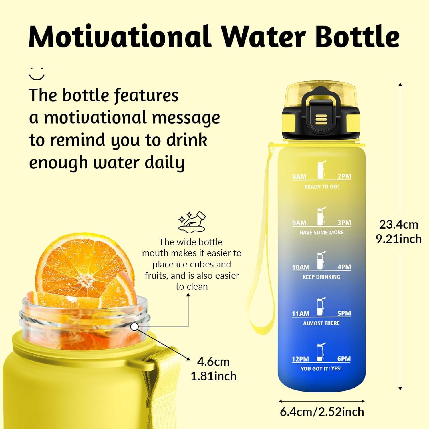 image:imageHoneyHolly Gourde 1L sans BPA Bouteille Sport Marqueur Horaire Bouteille tanche Portable Gourde Gradue pour Salle de Sport Vlo Bureau Extrieur cole Water BottleJaune Bleu 500ml