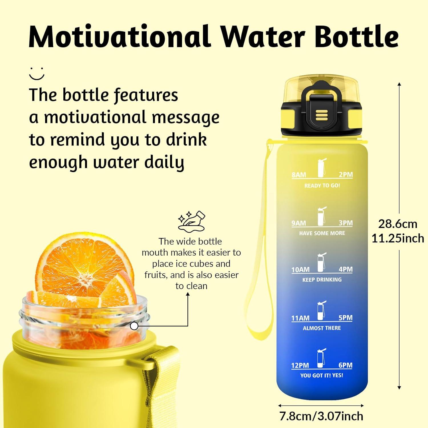 image:imageHoneyHolly Gourde 1L sans BPA Bouteille Sport Marqueur Horaire Bouteille tanche Portable Gourde Gradue pour Salle de Sport Vlo Bureau Extrieur cole Water BottleJaune Bleu 1000ml