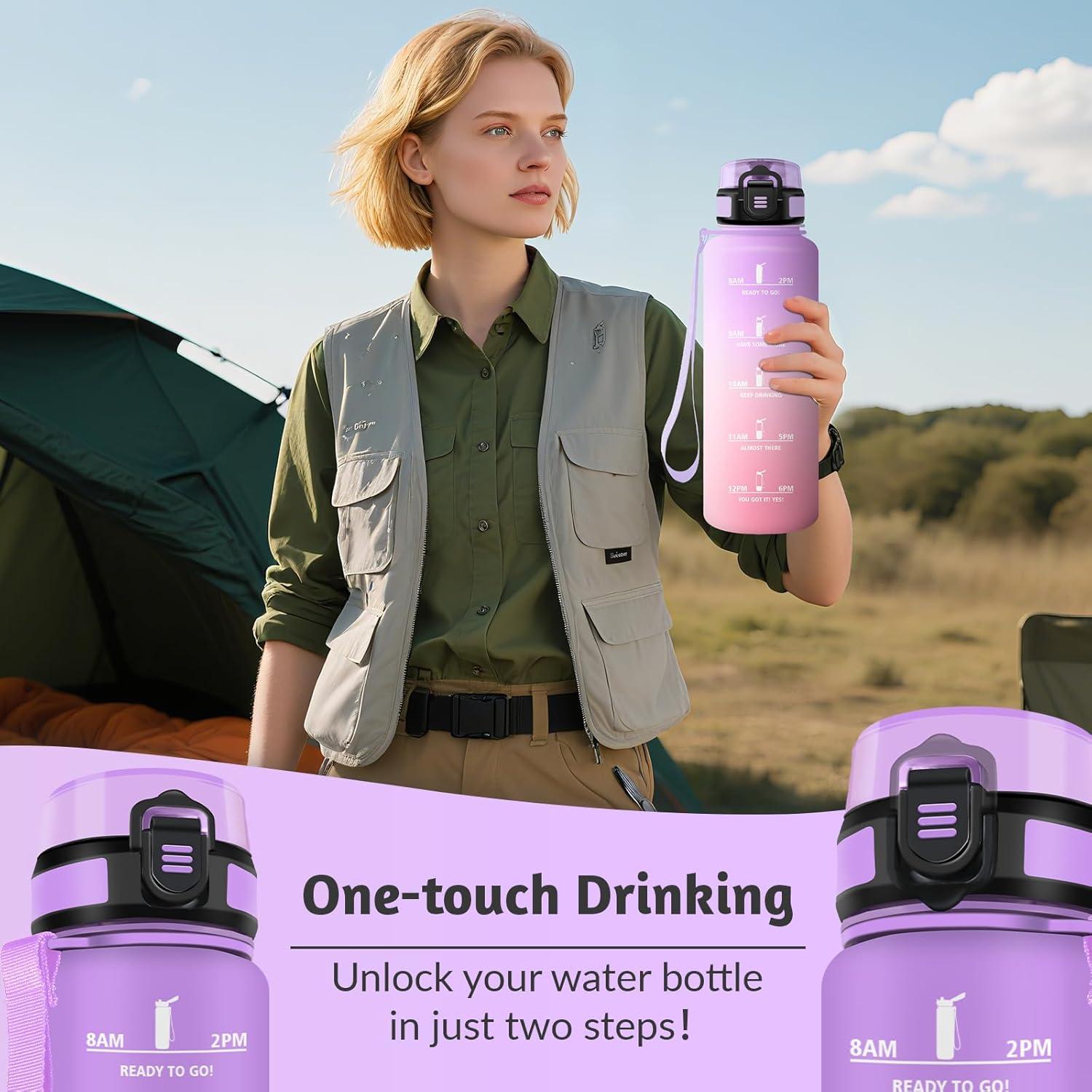 image:imageHoneyHolly Gourde 1L sans BPA Bouteille Sport Marqueur Horaire Bouteille tanche Portable Gourde Gradue pour Salle de Sport Vlo Bureau Extrieur cole Water BottleIris Rose 1500ml