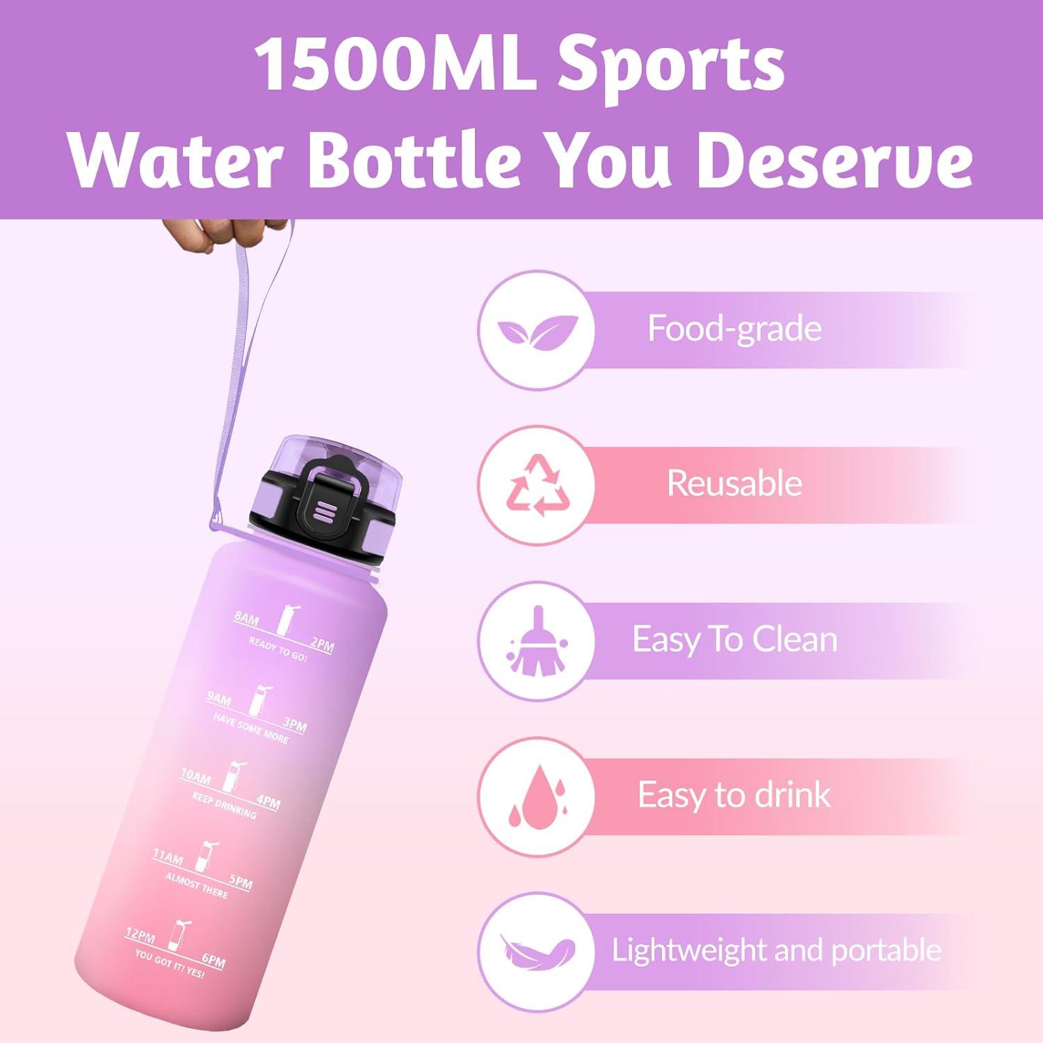 image:imageHoneyHolly Gourde 1L sans BPA Bouteille Sport Marqueur Horaire Bouteille tanche Portable Gourde Gradue pour Salle de Sport Vlo Bureau Extrieur cole Water BottleIris Rose 1500ml