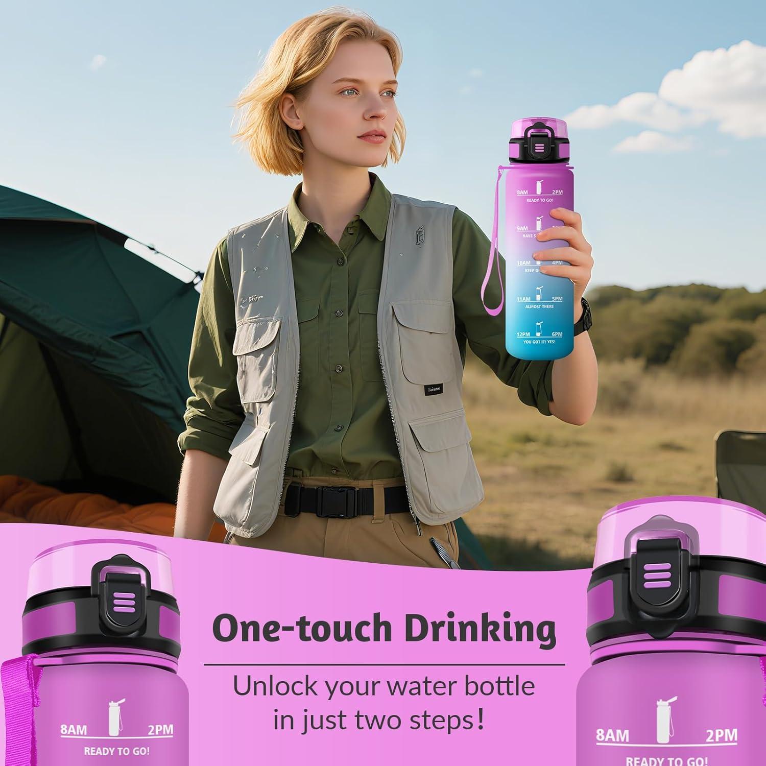 image:imageHoneyHolly Gourde 1L sans BPA Bouteille Sport Marqueur Horaire Bouteille tanche Portable Gourde Gradue pour Salle de Sport Vlo Bureau Extrieur cole Water BottleRose Cyan 1000ml