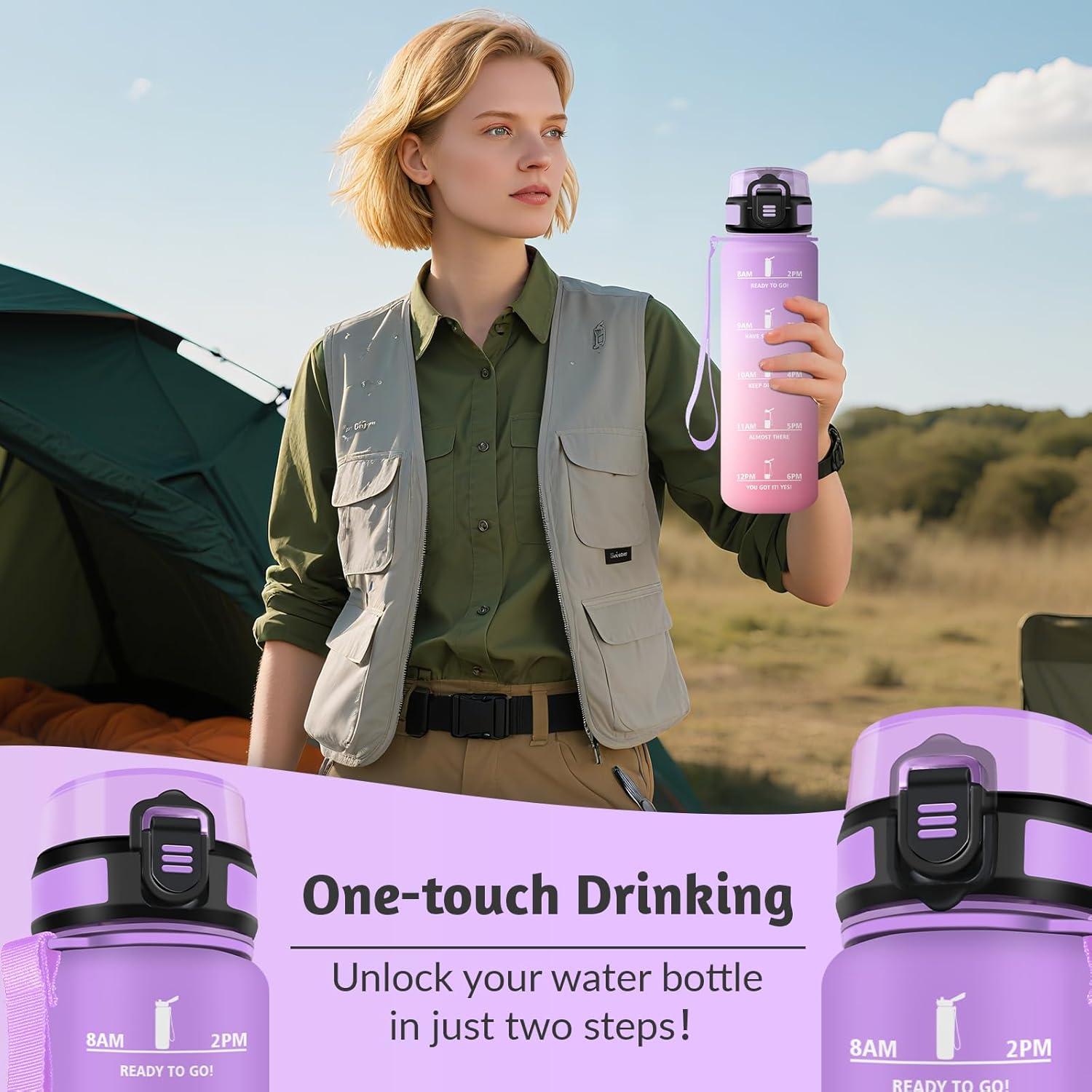 image:imageHoneyHolly Gourde 1L sans BPA Bouteille Sport Marqueur Horaire Bouteille tanche Portable Gourde Gradue pour Salle de Sport Vlo Bureau Extrieur cole Water BottleIris Rose 1000ml