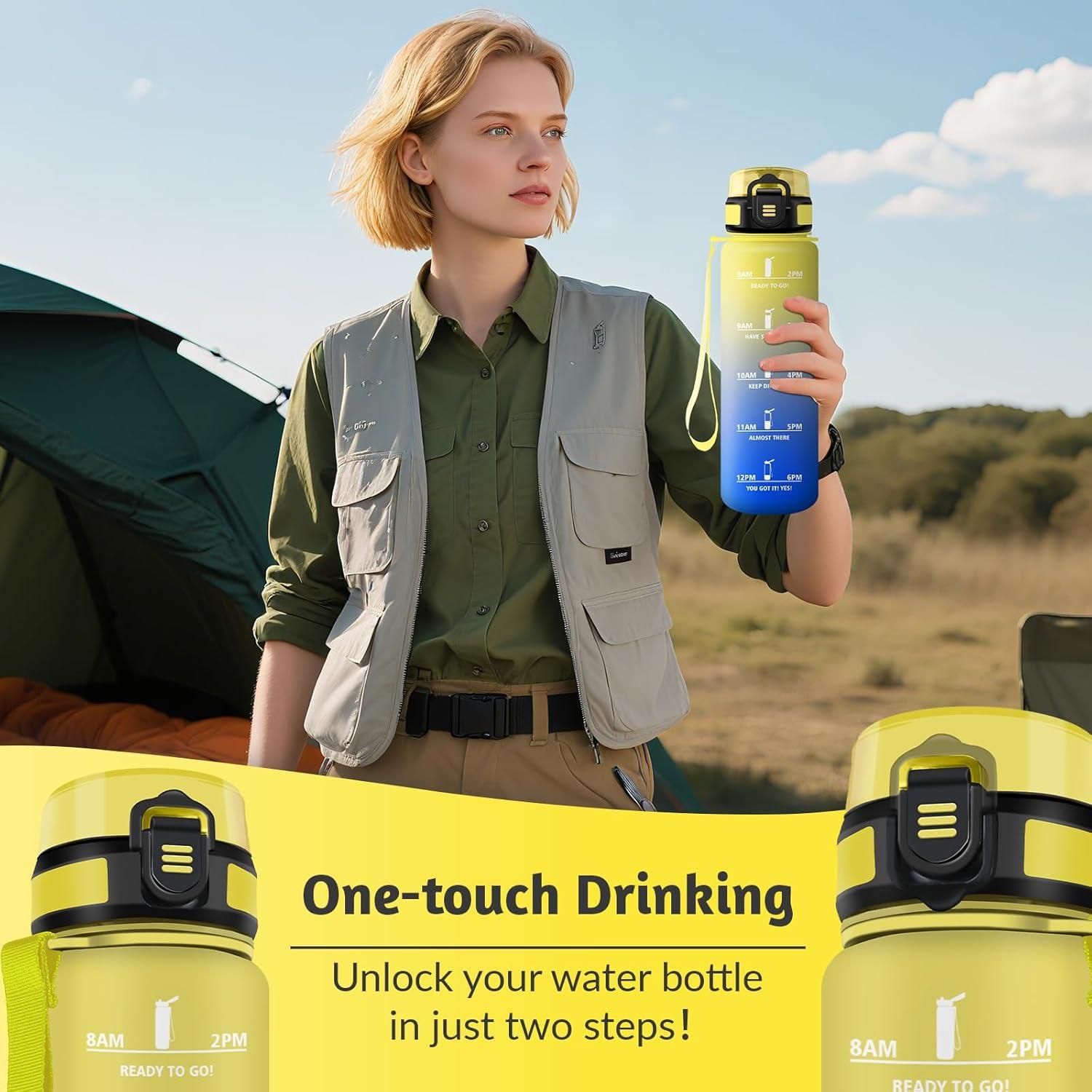 image:imageHoneyHolly Gourde 1L sans BPA Bouteille Sport Marqueur Horaire Bouteille tanche Portable Gourde Gradue pour Salle de Sport Vlo Bureau Extrieur cole Water BottleJaune Bleu 1000ml