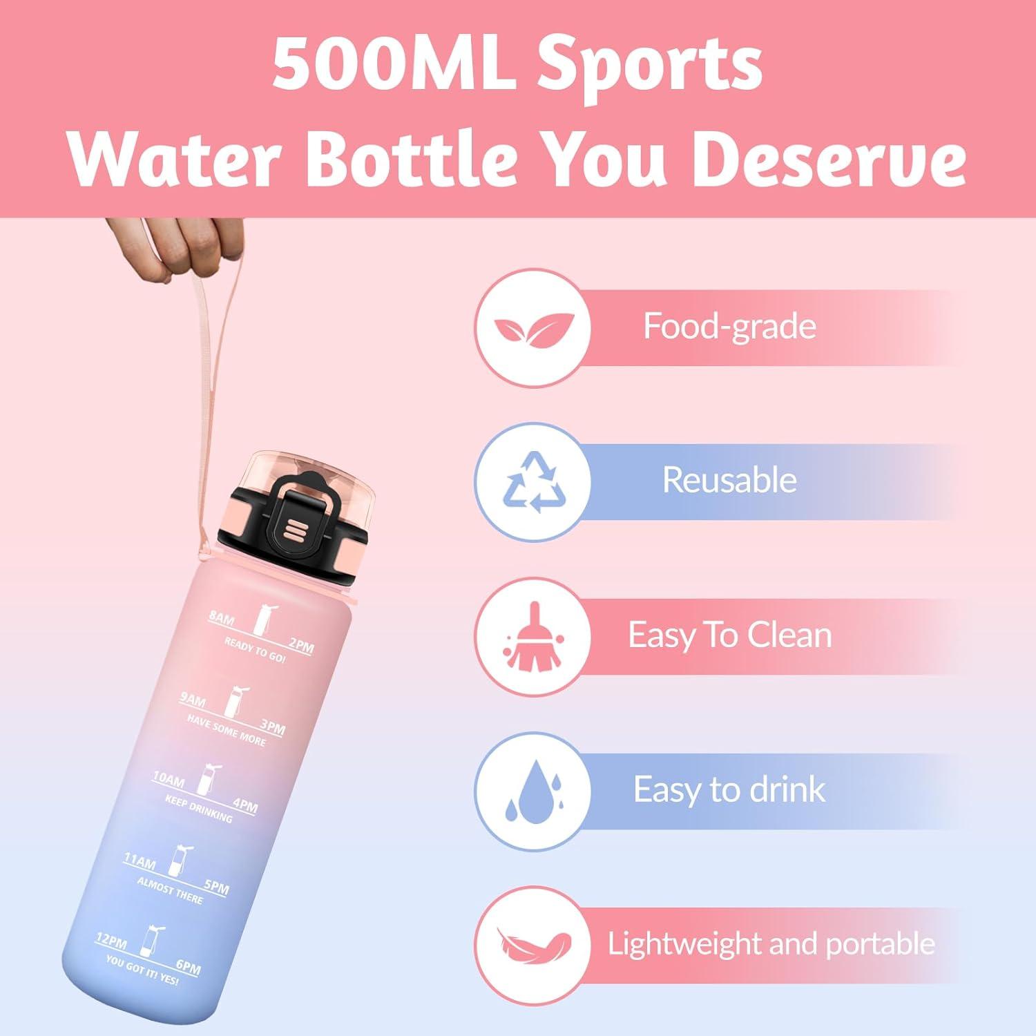 image:imageHoneyHolly Gourde 1L sans BPA Bouteille Sport Marqueur Horaire Bouteille tanche Portable Gourde Gradue pour Salle de Sport Vlo Bureau Extrieur cole Water BottleRose Ciel 500ml