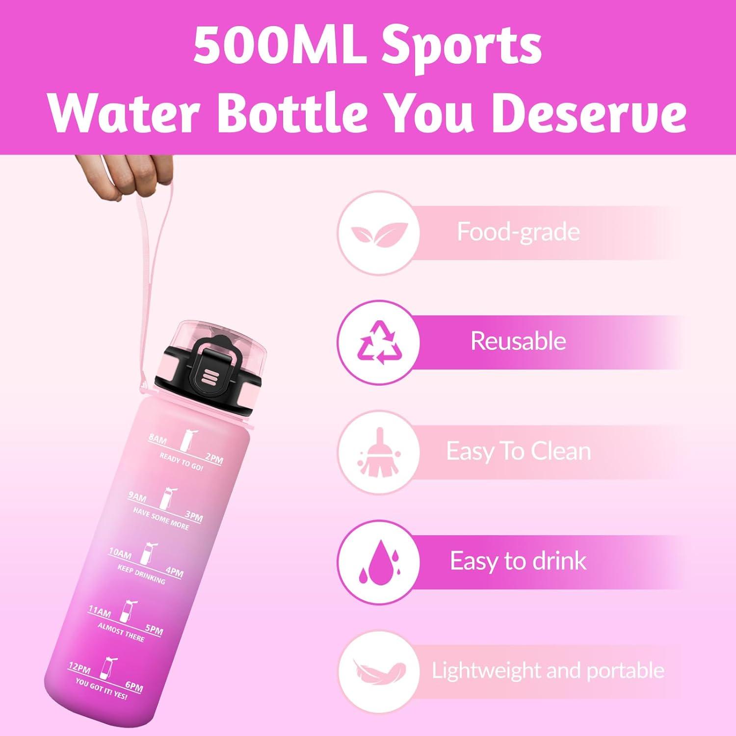 image:imageHoneyHolly Gourde 1L sans BPA Bouteille Sport Marqueur Horaire Bouteille tanche Portable Gourde Gradue pour Salle de Sport Vlo Bureau Extrieur cole Water BottleRose Rose 500ml
