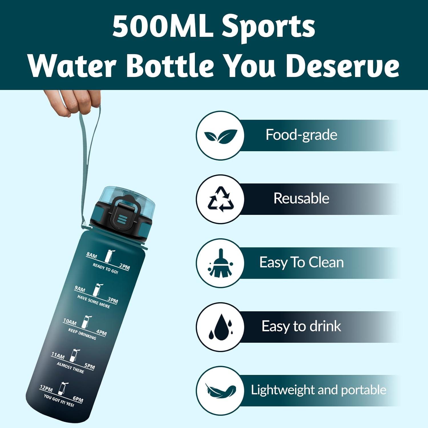 image:imageHoneyHolly Gourde 1L sans BPA Bouteille Sport Marqueur Horaire Bouteille tanche Portable Gourde Gradue pour Salle de Sport Vlo Bureau Extrieur cole Water BottleVert Gris 500ml