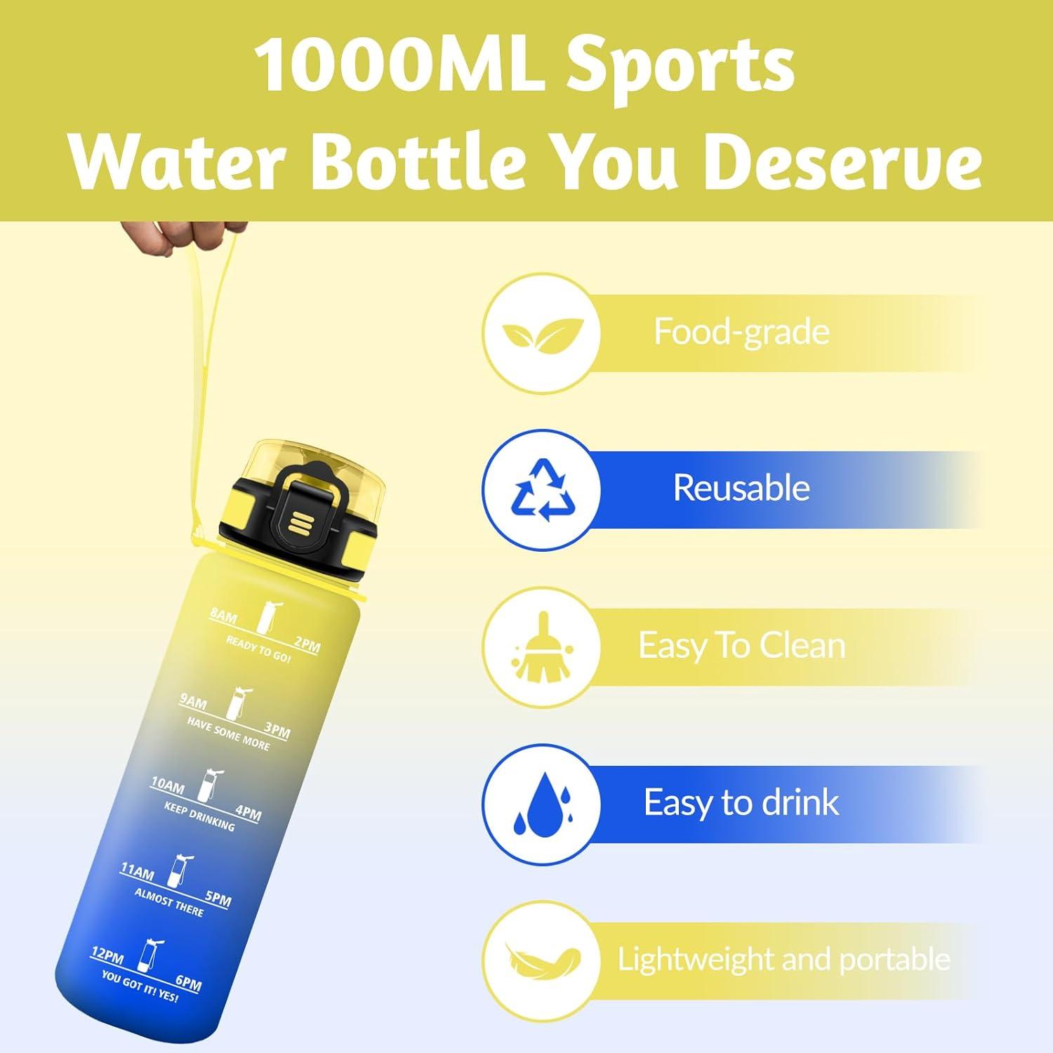 image:imageHoneyHolly Gourde 1L sans BPA Bouteille Sport Marqueur Horaire Bouteille tanche Portable Gourde Gradue pour Salle de Sport Vlo Bureau Extrieur cole Water BottleJaune Bleu 1000ml