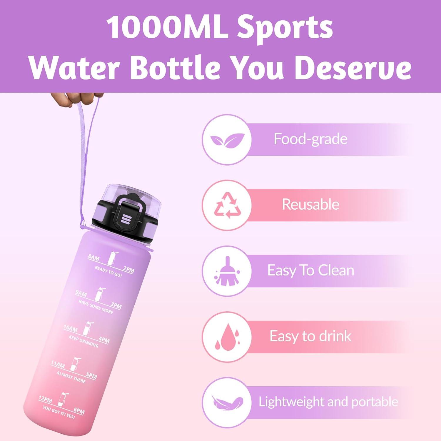 image:imageHoneyHolly Gourde 1L sans BPA Bouteille Sport Marqueur Horaire Bouteille tanche Portable Gourde Gradue pour Salle de Sport Vlo Bureau Extrieur cole Water BottleIris Rose 1000ml
