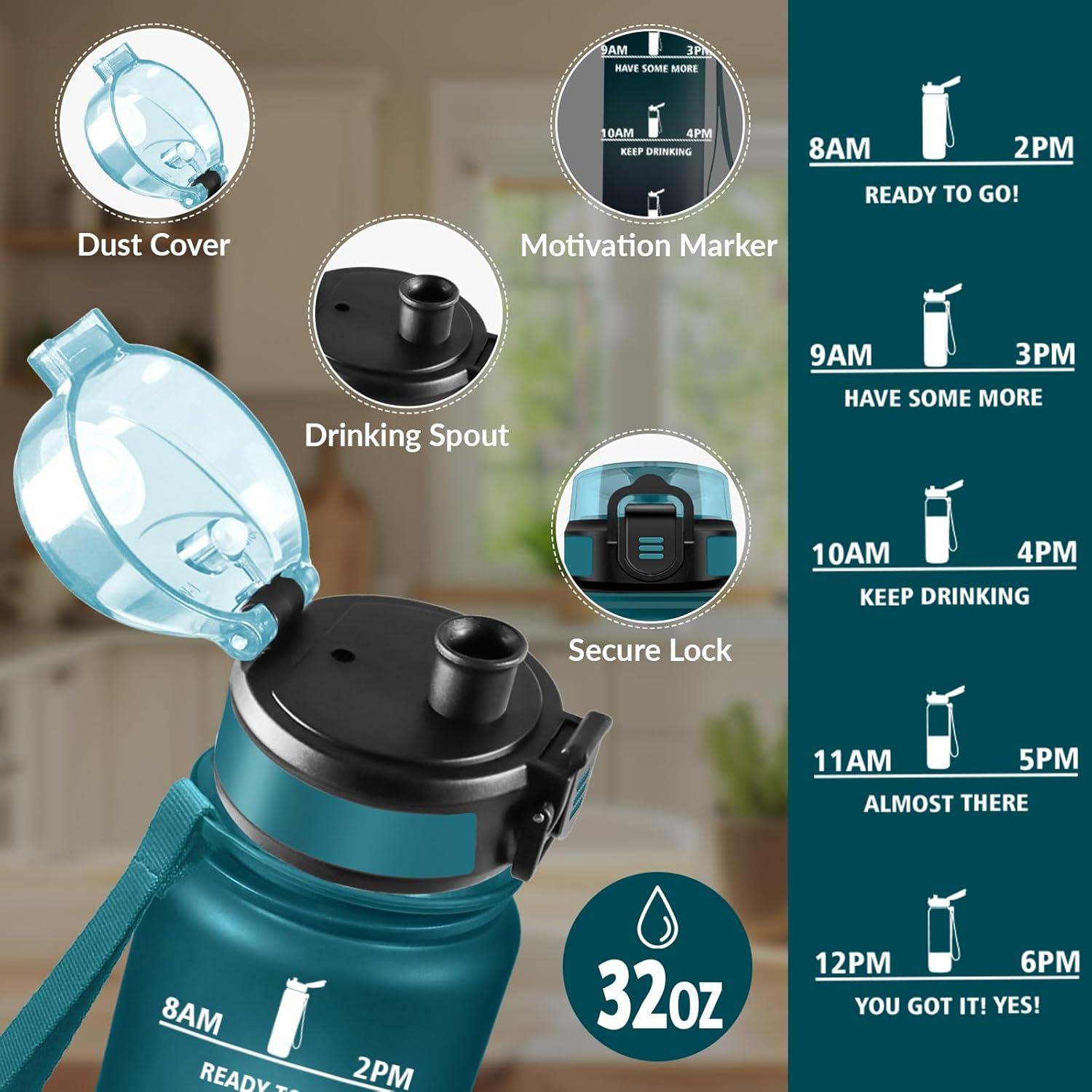 image:imageHoneyHolly Gourde 1L sans BPA Bouteille Sport Marqueur Horaire Bouteille tanche Portable Gourde Gradue pour Salle de Sport Vlo Bureau Extrieur cole Water BottleVert Gris 1000ml