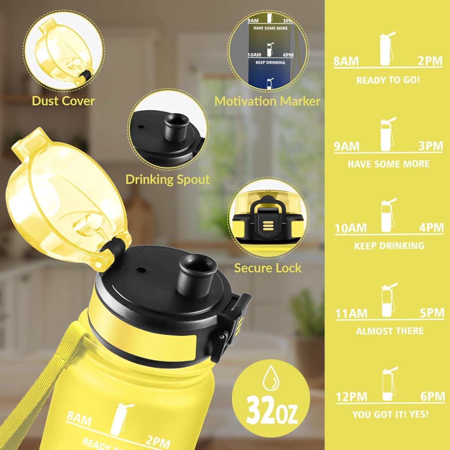 image:imageHoneyHolly Gourde 1L sans BPA Bouteille Sport Marqueur Horaire Bouteille tanche Portable Gourde Gradue pour Salle de Sport Vlo Bureau Extrieur cole Water BottleJaune Bleu 1000ml