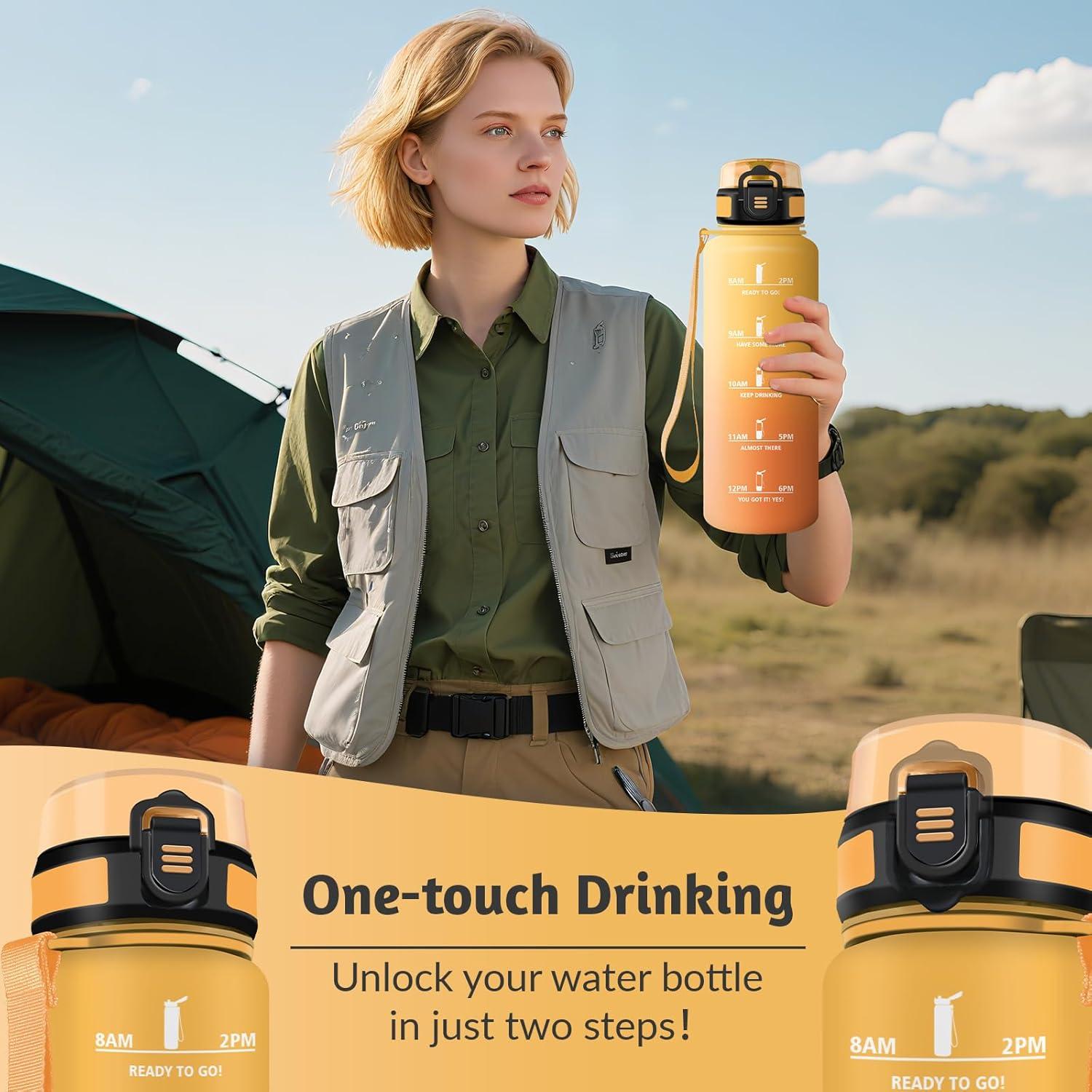 image:imageHoneyHolly Gourde 1L sans BPA Bouteille Sport Marqueur Horaire Bouteille tanche Portable Gourde Gradue pour Salle de Sport Vlo Bureau Extrieur cole Water BottleAmbre Orange 1500ml