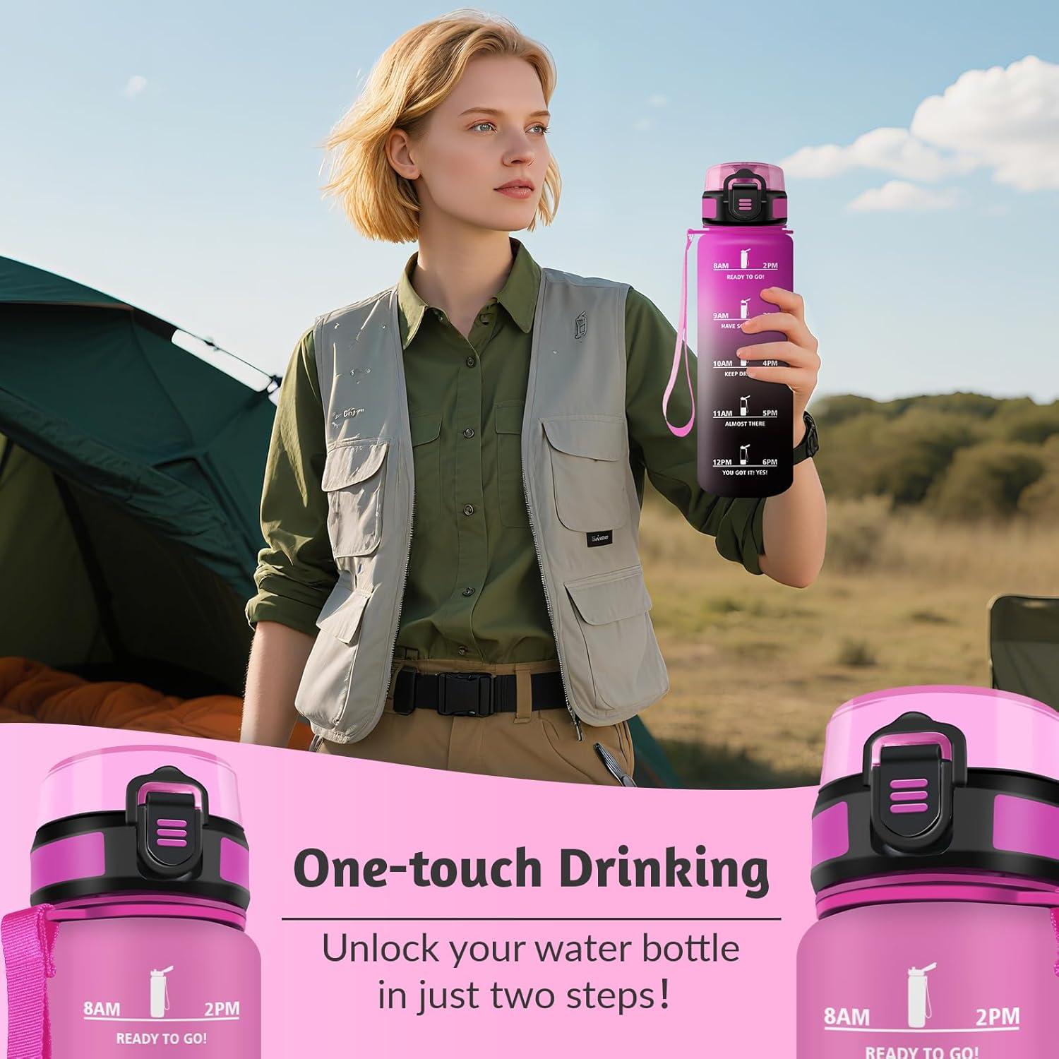 image:imageHoneyHolly Gourde 1L sans BPA Bouteille Sport Marqueur Horaire Bouteille tanche Portable Gourde Gradue pour Salle de Sport Vlo Bureau Extrieur cole Water BottleViolet Noir 1000ml