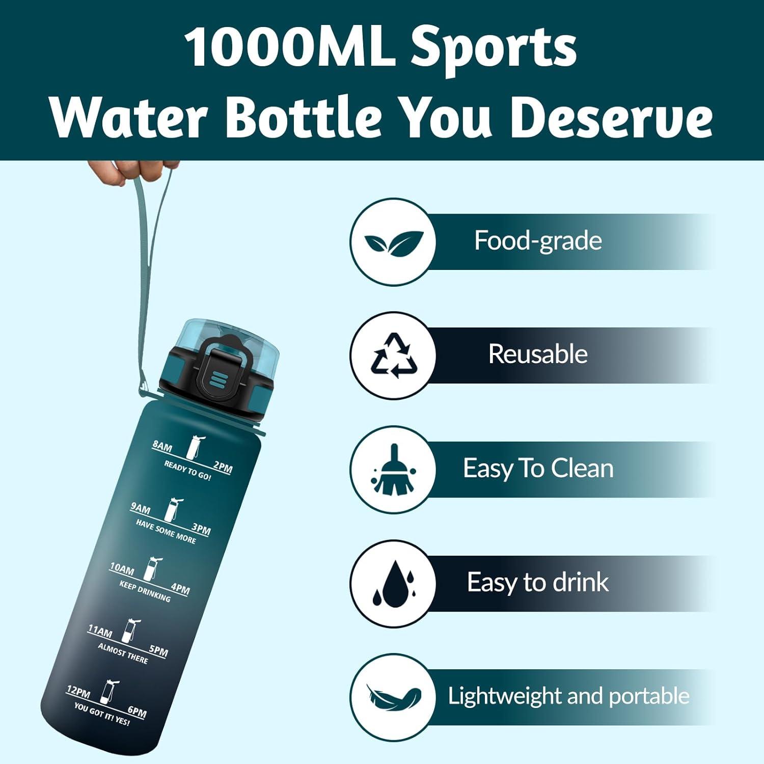 image:imageHoneyHolly Gourde 1L sans BPA Bouteille Sport Marqueur Horaire Bouteille tanche Portable Gourde Gradue pour Salle de Sport Vlo Bureau Extrieur cole Water BottleVert Gris 1000ml