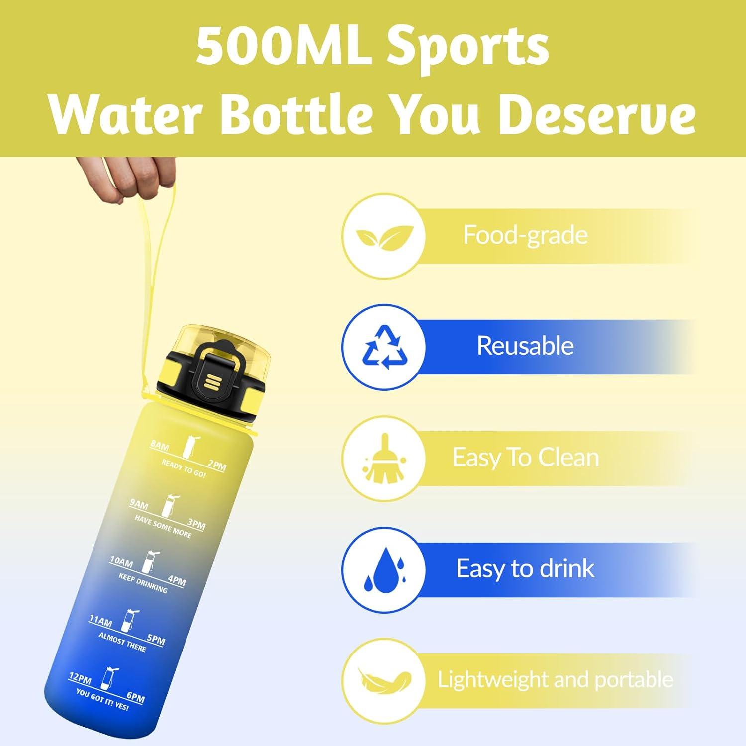 image:imageHoneyHolly Gourde 1L sans BPA Bouteille Sport Marqueur Horaire Bouteille tanche Portable Gourde Gradue pour Salle de Sport Vlo Bureau Extrieur cole Water BottleJaune Bleu 500ml