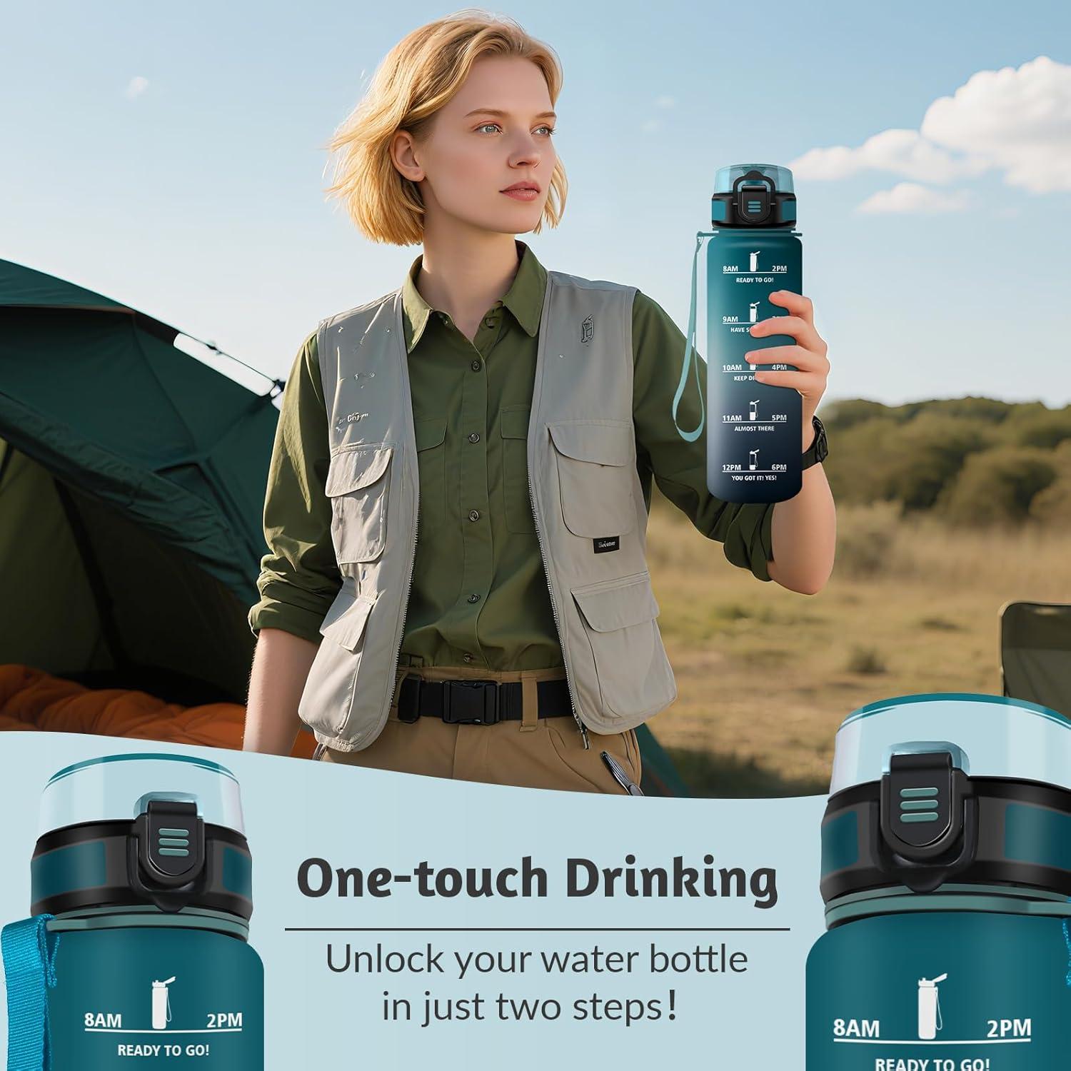 image:imageHoneyHolly Gourde 1L sans BPA Bouteille Sport Marqueur Horaire Bouteille tanche Portable Gourde Gradue pour Salle de Sport Vlo Bureau Extrieur cole Water BottleVert Gris 1000ml