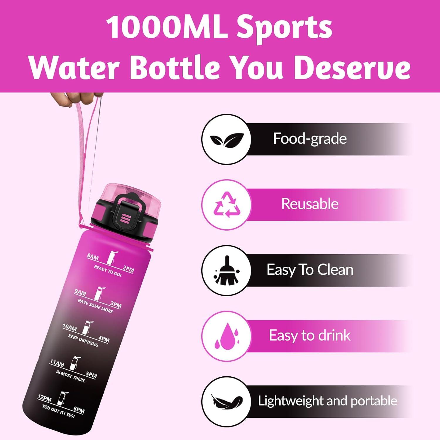 image:imageHoneyHolly Gourde 1L sans BPA Bouteille Sport Marqueur Horaire Bouteille tanche Portable Gourde Gradue pour Salle de Sport Vlo Bureau Extrieur cole Water BottleViolet Noir 1000ml