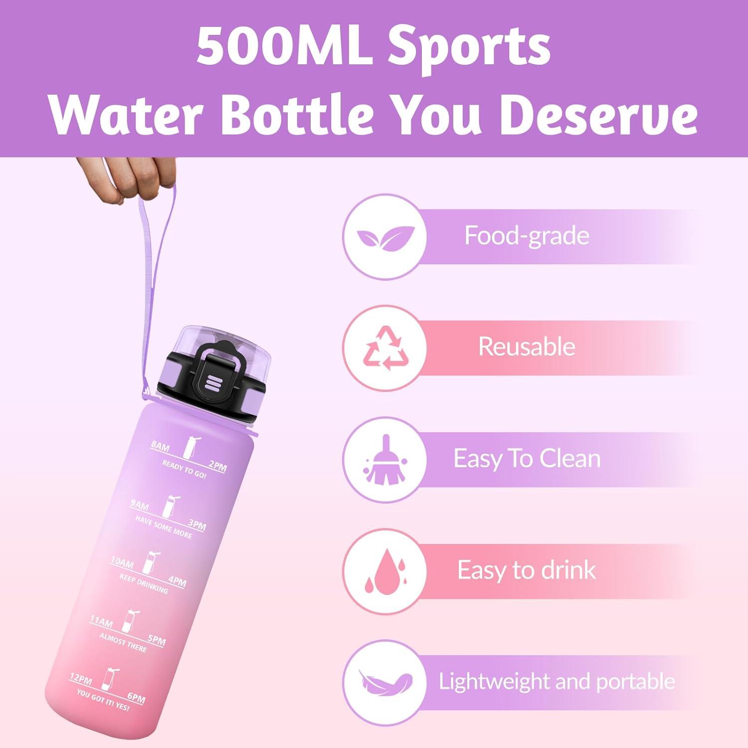 image:imageHoneyHolly Gourde 1L sans BPA Bouteille Sport Marqueur Horaire Bouteille tanche Portable Gourde Gradue pour Salle de Sport Vlo Bureau Extrieur cole Water BottleIris Rose 500ml