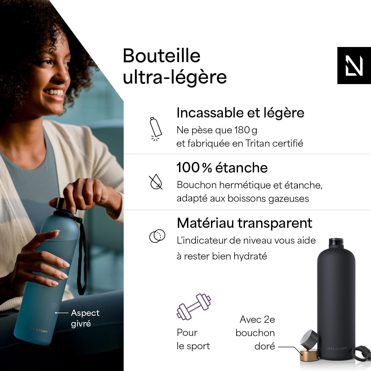 image:imageLARS NYSM Gourde 1l Bouteille deau 1000ml Gourde de sport ultralgre en Tritan Idal pour le sport le bureau le yoga les enfants 2 couvercles inclus Carbon Black 1000mlCarbon Black