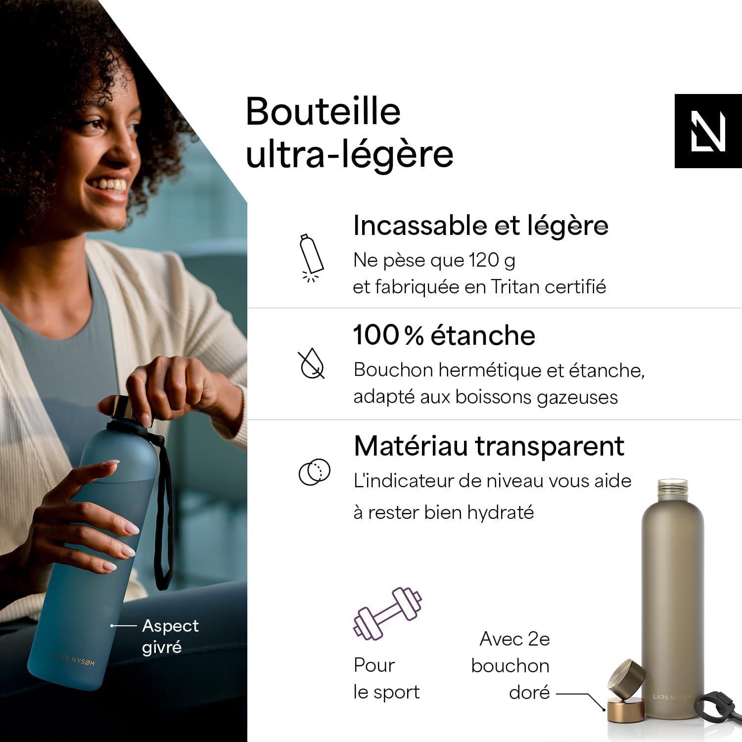 image:imageLARS NYSM Gourde 1l Bouteille deau 1000ml Gourde de sport ultralgre en Tritan Idal pour le sport le bureau le yoga les enfants 2 couvercles inclus Carbon Black 1000mlTaupe Brown Gold