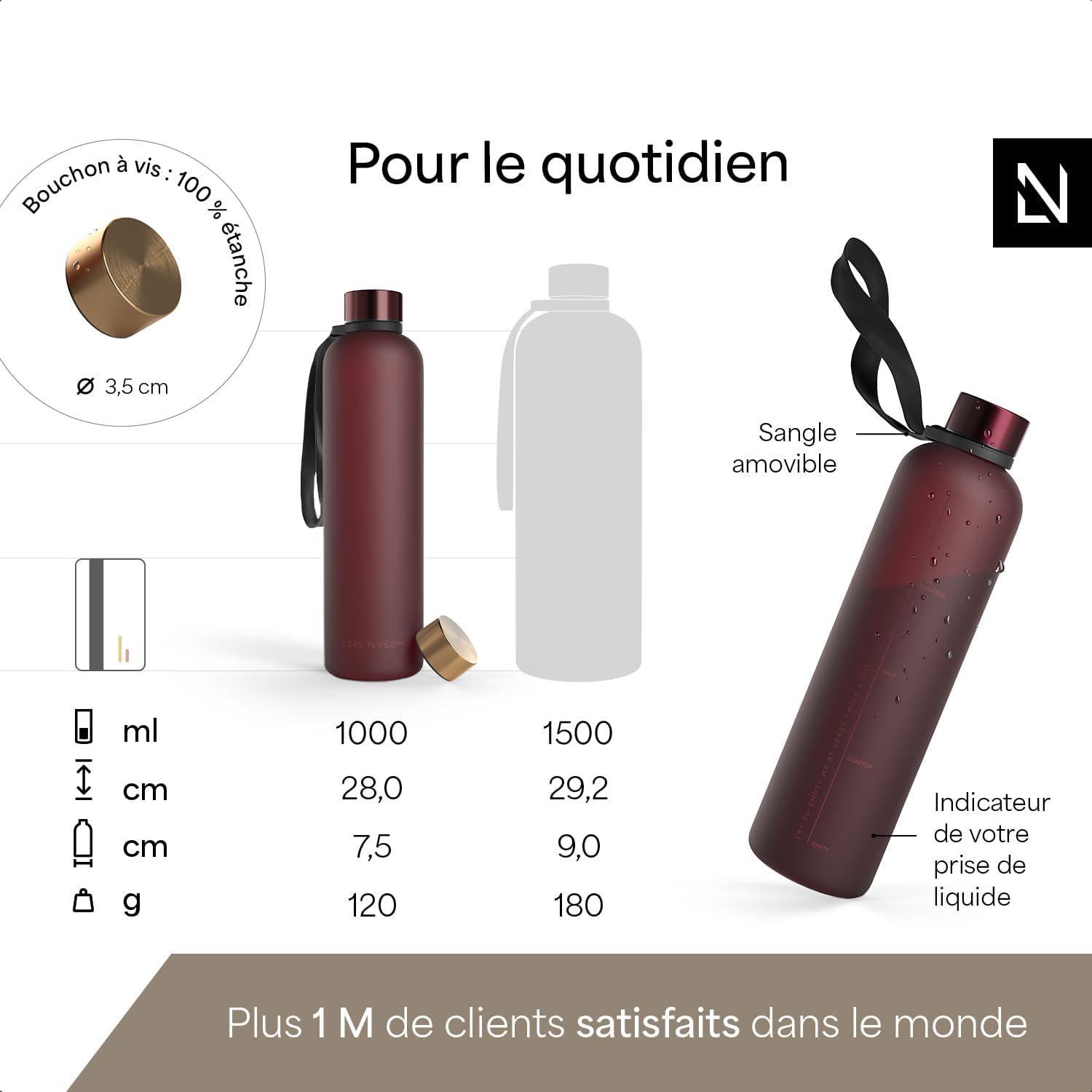 image:imageLARS NYSM Gourde 1l Bouteille deau 1000ml Gourde de sport ultralgre en Tritan Idal pour le sport le bureau le yoga les enfants 2 couvercles inclus Carbon Black 1000mlBerry Red