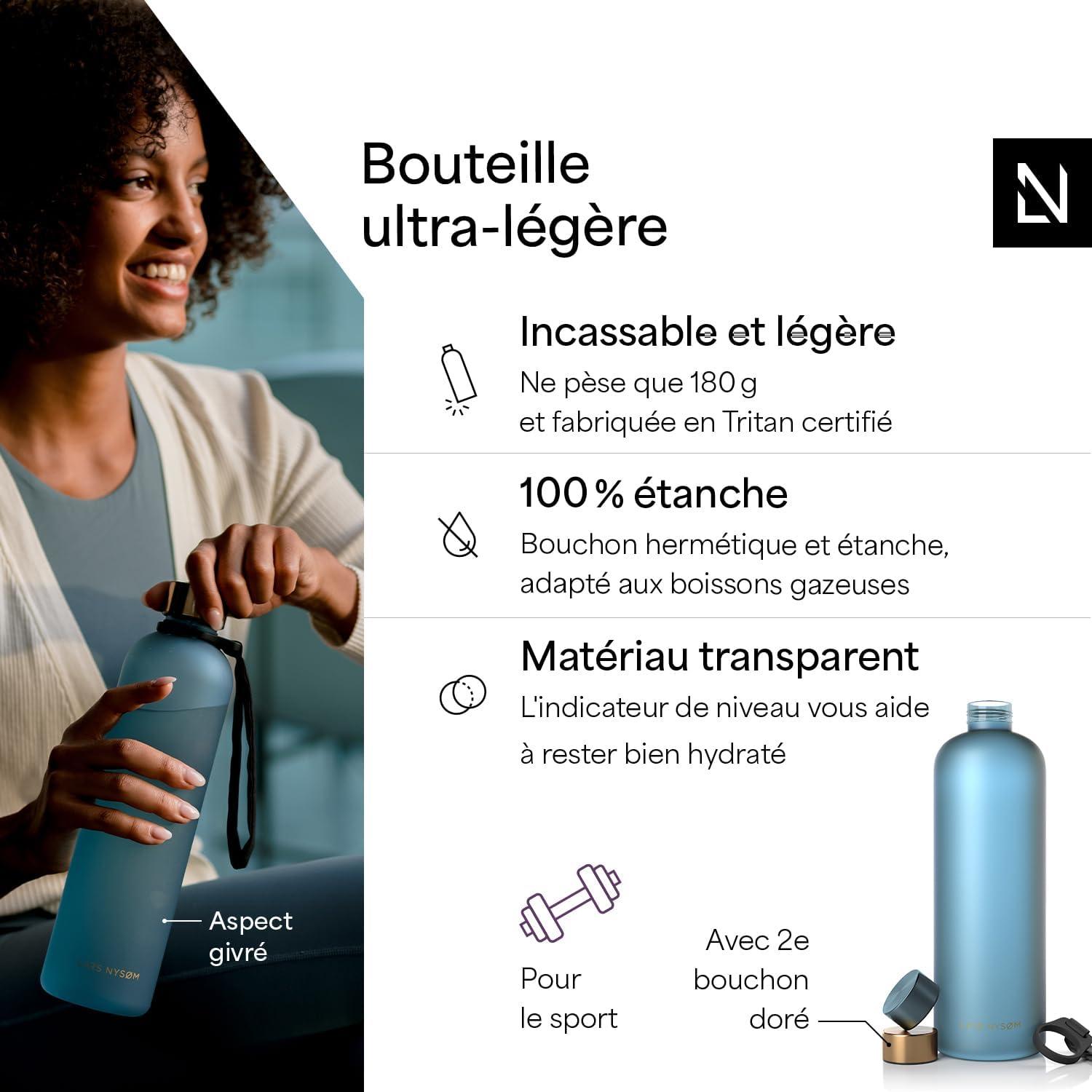 image:imageLARS NYSM Gourde 1l Bouteille deau 1000ml Gourde de sport ultralgre en Tritan Idal pour le sport le bureau le yoga les enfants 2 couvercles inclus Carbon Black 1000mlCalypso Blue Gold