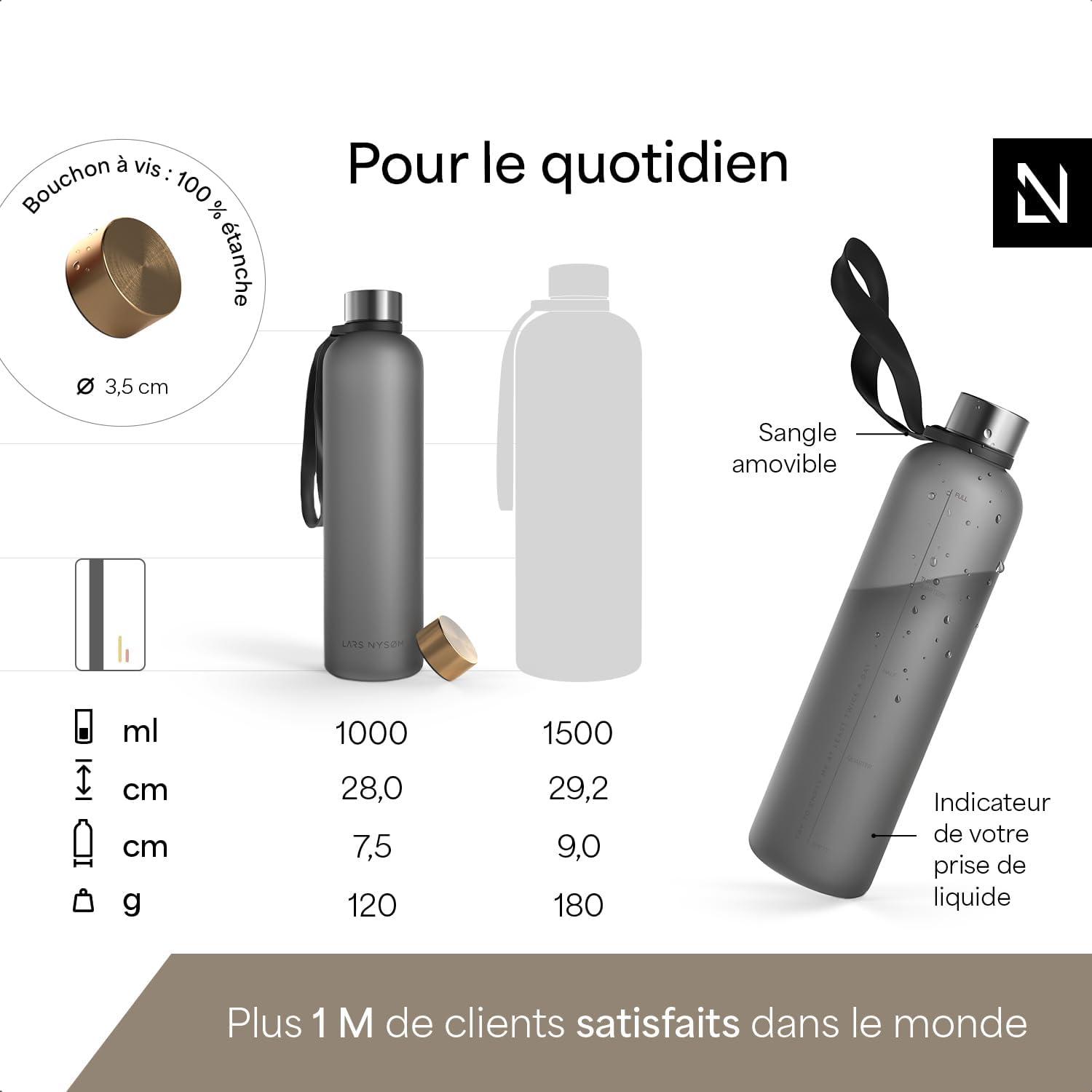 image:imageLARS NYSM Gourde 1l Bouteille deau 1000ml Gourde de sport ultralgre en Tritan Idal pour le sport le bureau le yoga les enfants 2 couvercles inclus Carbon Black 1000mlAsh Gray