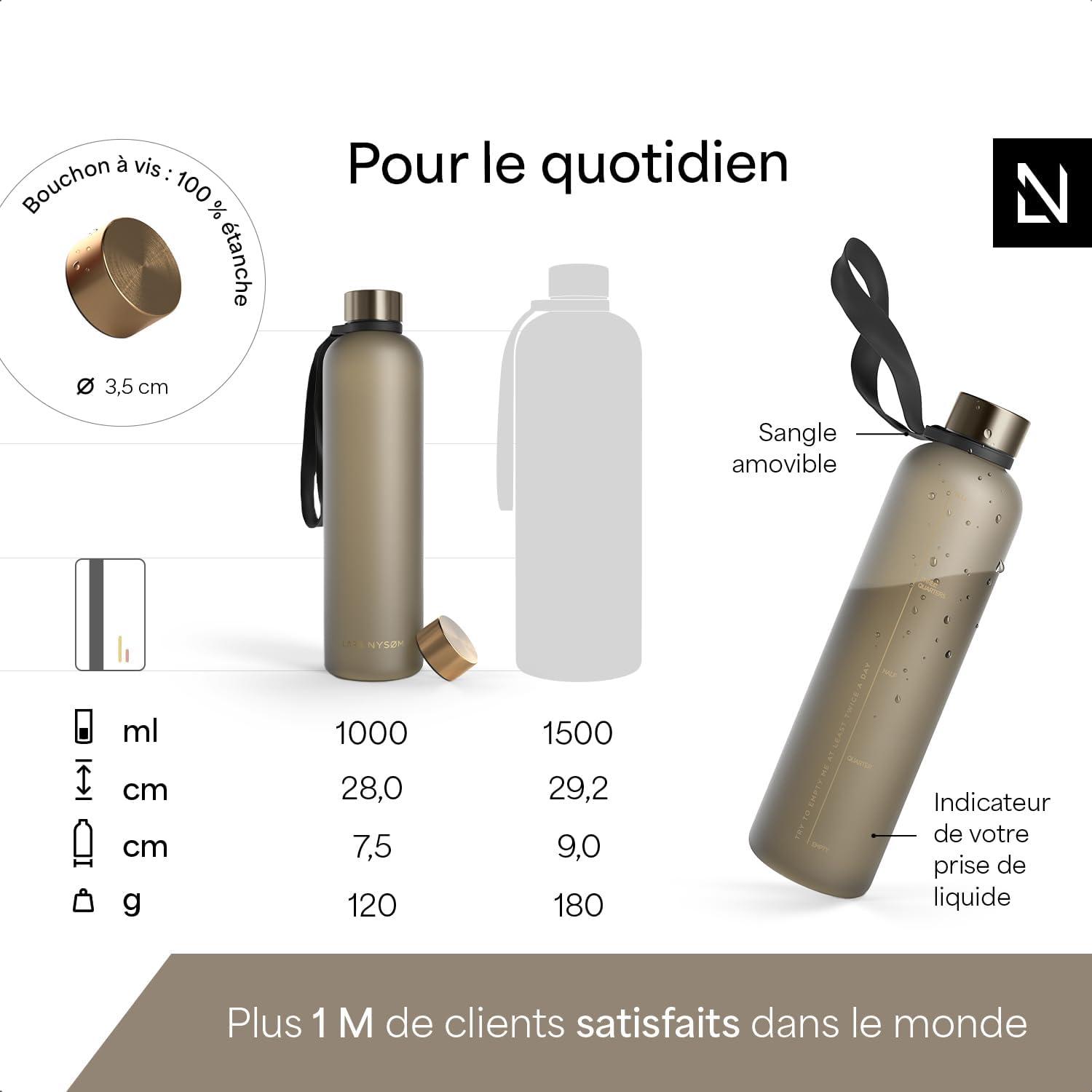 image:imageLARS NYSM Gourde 1l Bouteille deau 1000ml Gourde de sport ultralgre en Tritan Idal pour le sport le bureau le yoga les enfants 2 couvercles inclus Carbon Black 1000mlTaupe Brown Gold